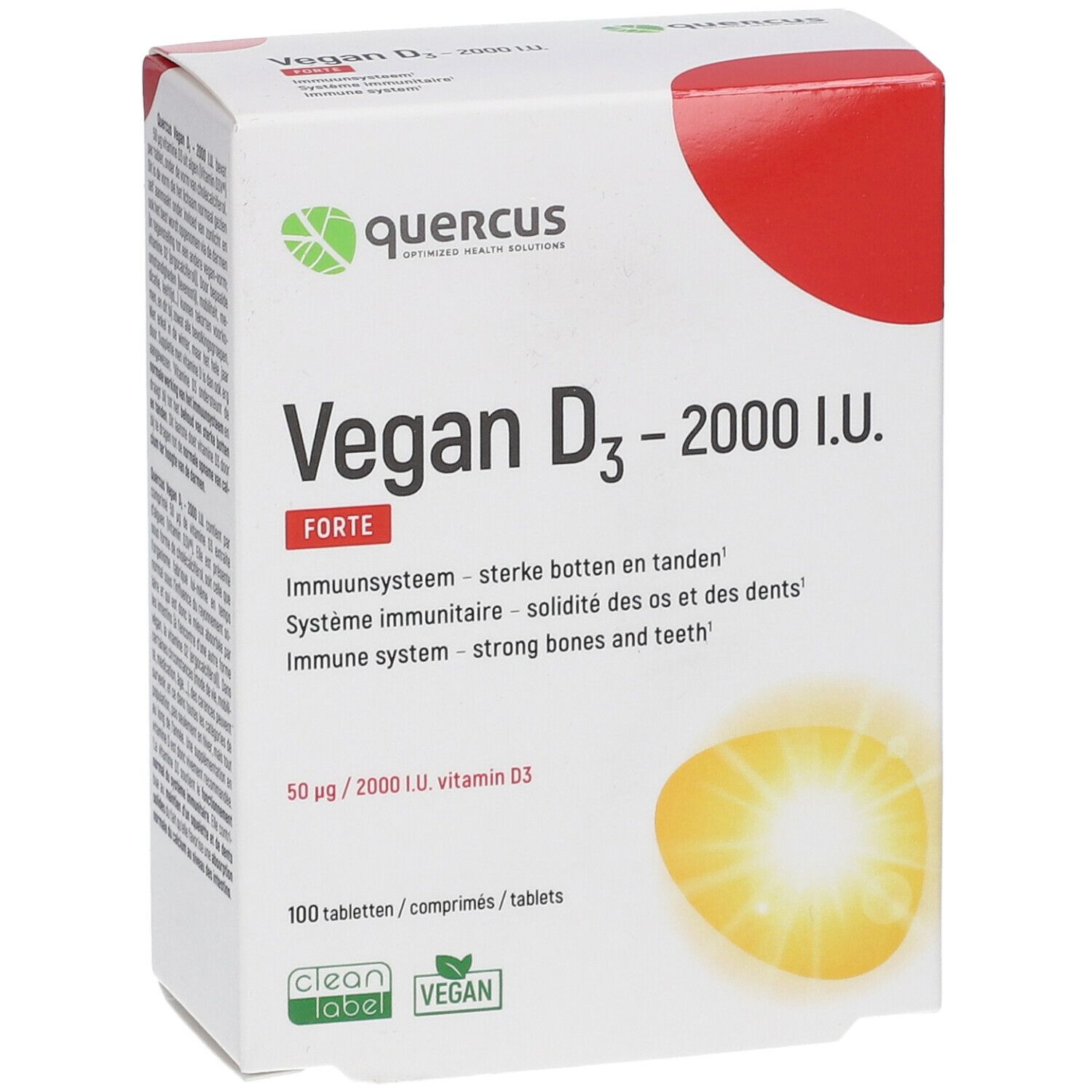 Witte doos met rode deksel. Opschrift: Vegan D3 - 2000 I.U. Forte. Bevat 100 tabletten. Quercus logo.