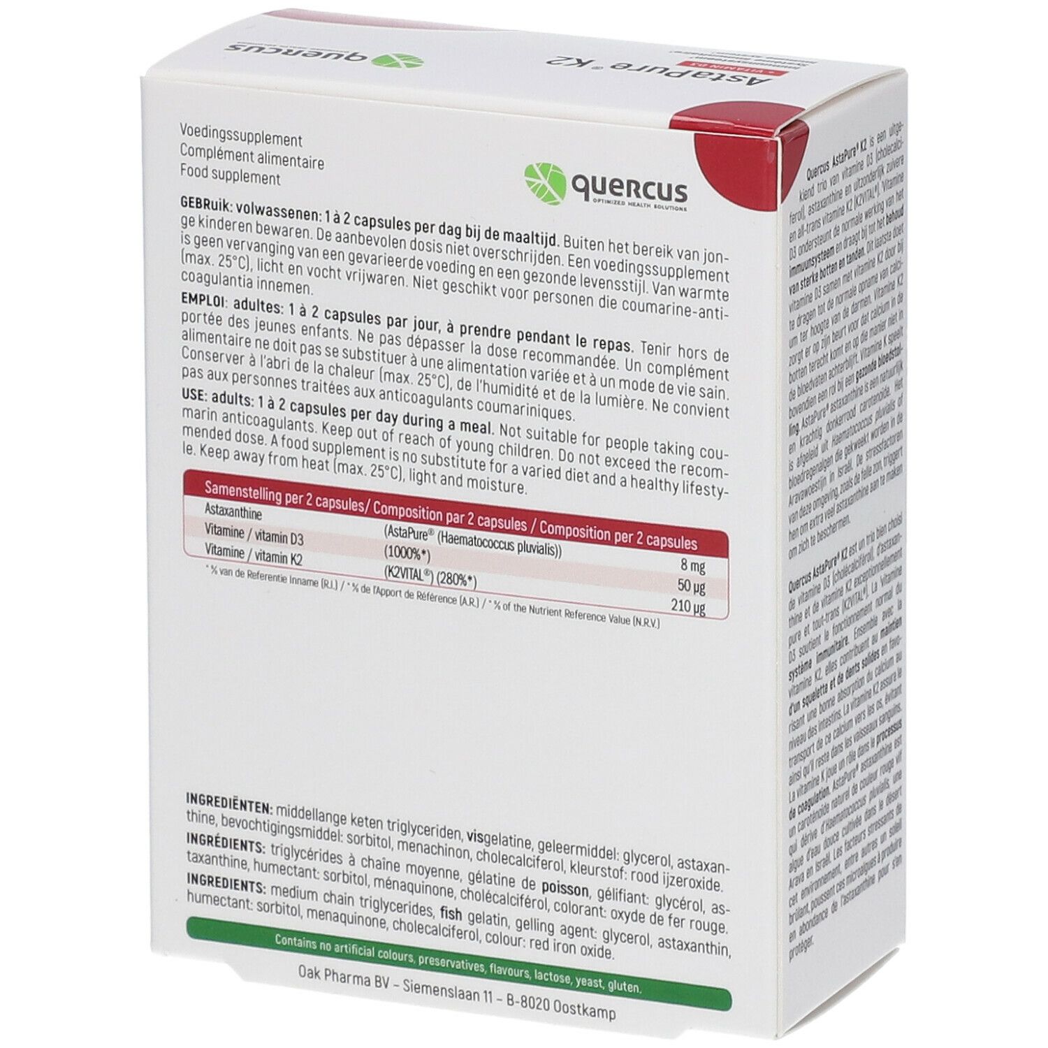 Achterkant van de AstaPure K2 verpakking. Witte doos met tekst in meerdere talen. Ingrediëntenlijst en dosering.