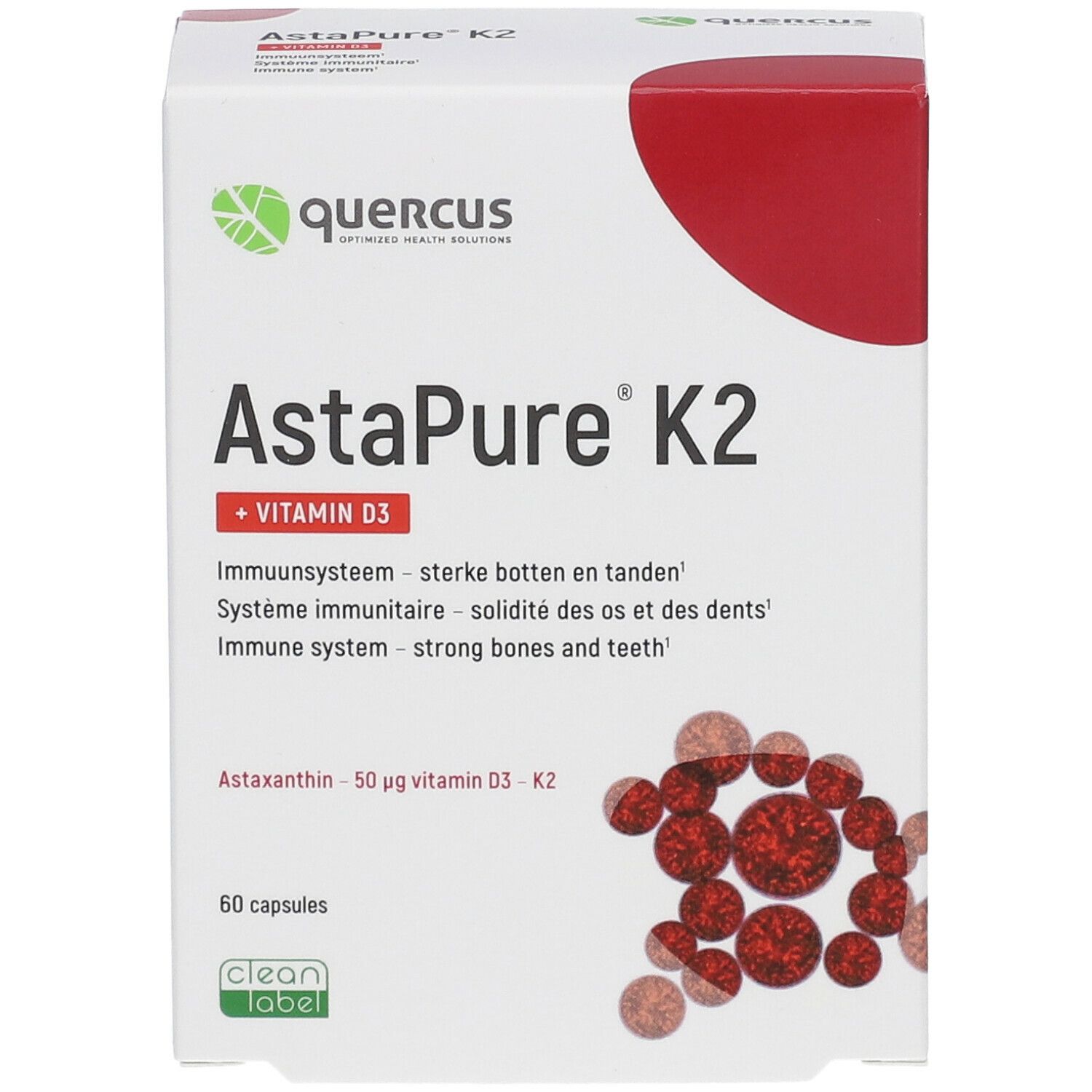 Verpakking van AstaPure K2. Witte doos met rode accenten. Quercus logo. Opschrift AstaPure K2 + Vitamine D3. 60 capsules.