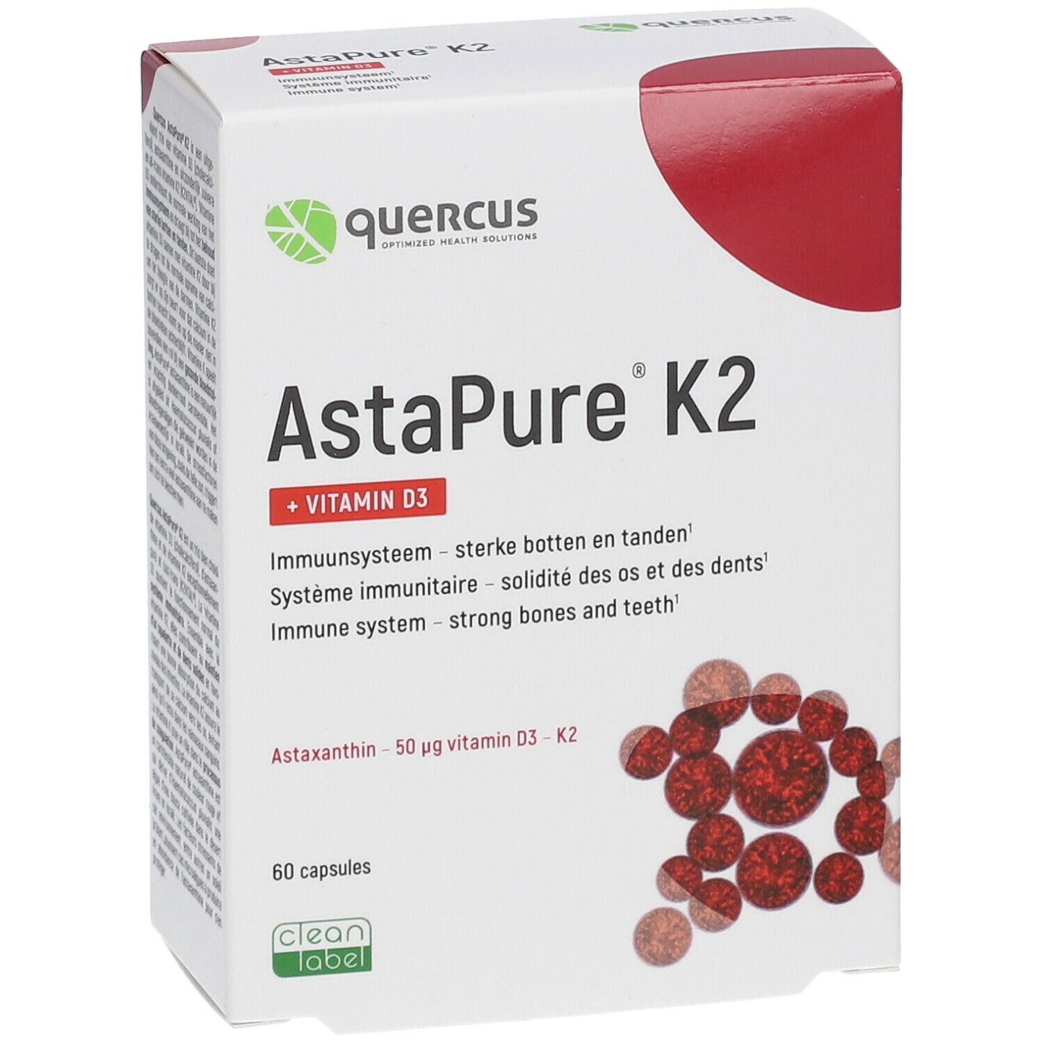 Verpakking van AstaPure K2. Witte doos met rode accenten. Quercus logo. Opschrift AstaPure K2 + Vitamine D3. 60 capsules.