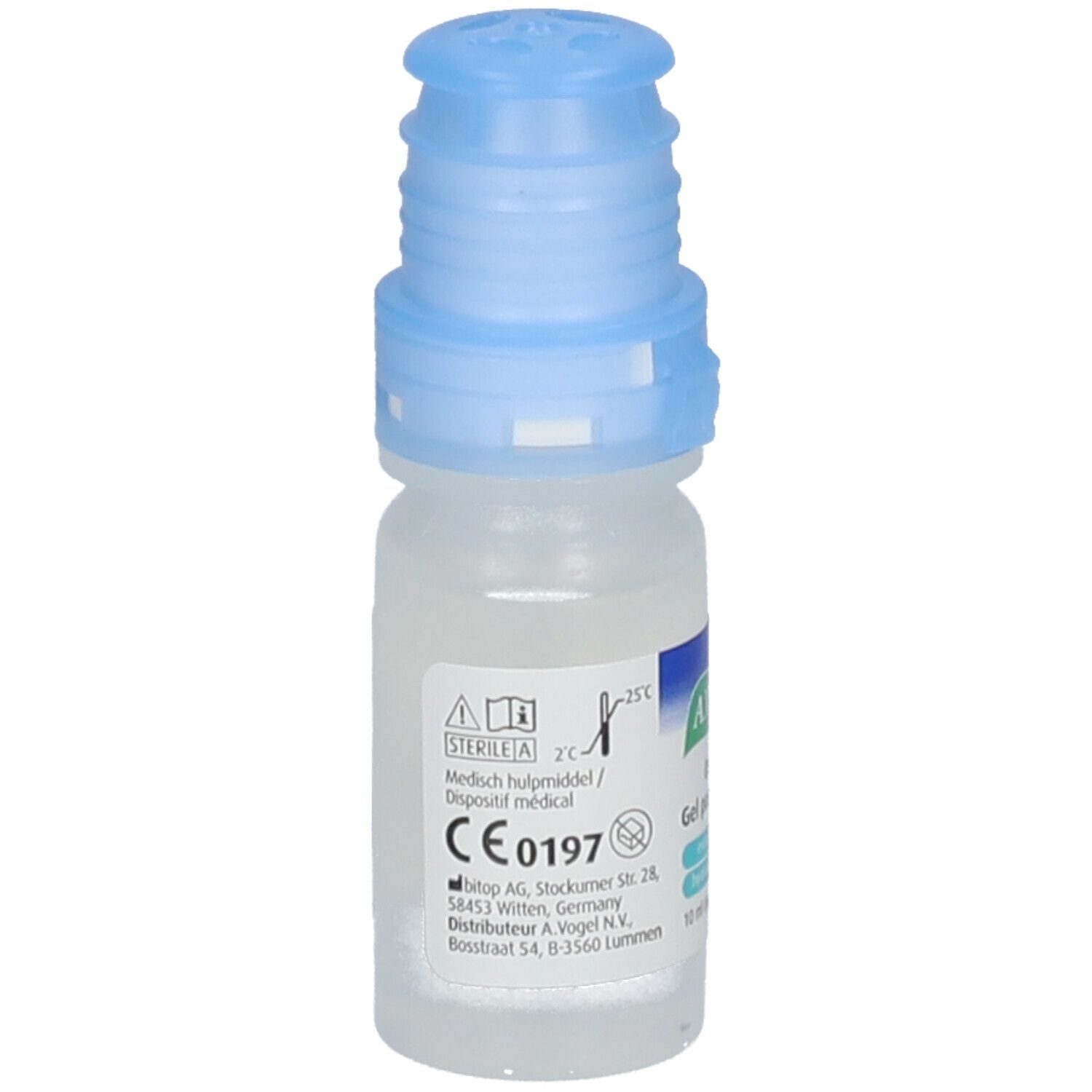Kleine, transparante fles met blauwe dop. Opschrift: A. Vogel Ooggel Gel pour les yeux. Etiket.