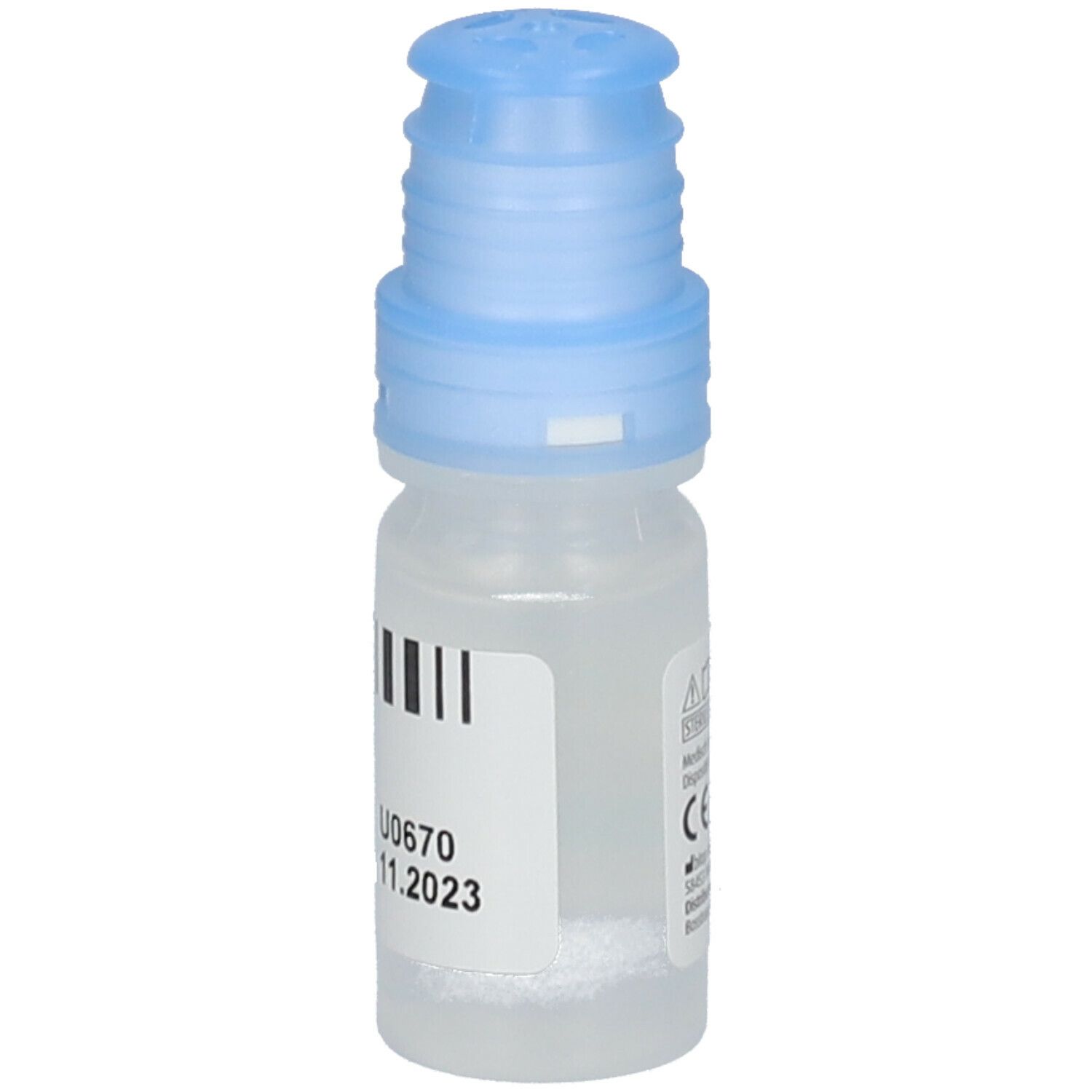Kleine, transparante fles met blauwe dop. Etiket met barcode en vervaldatum.