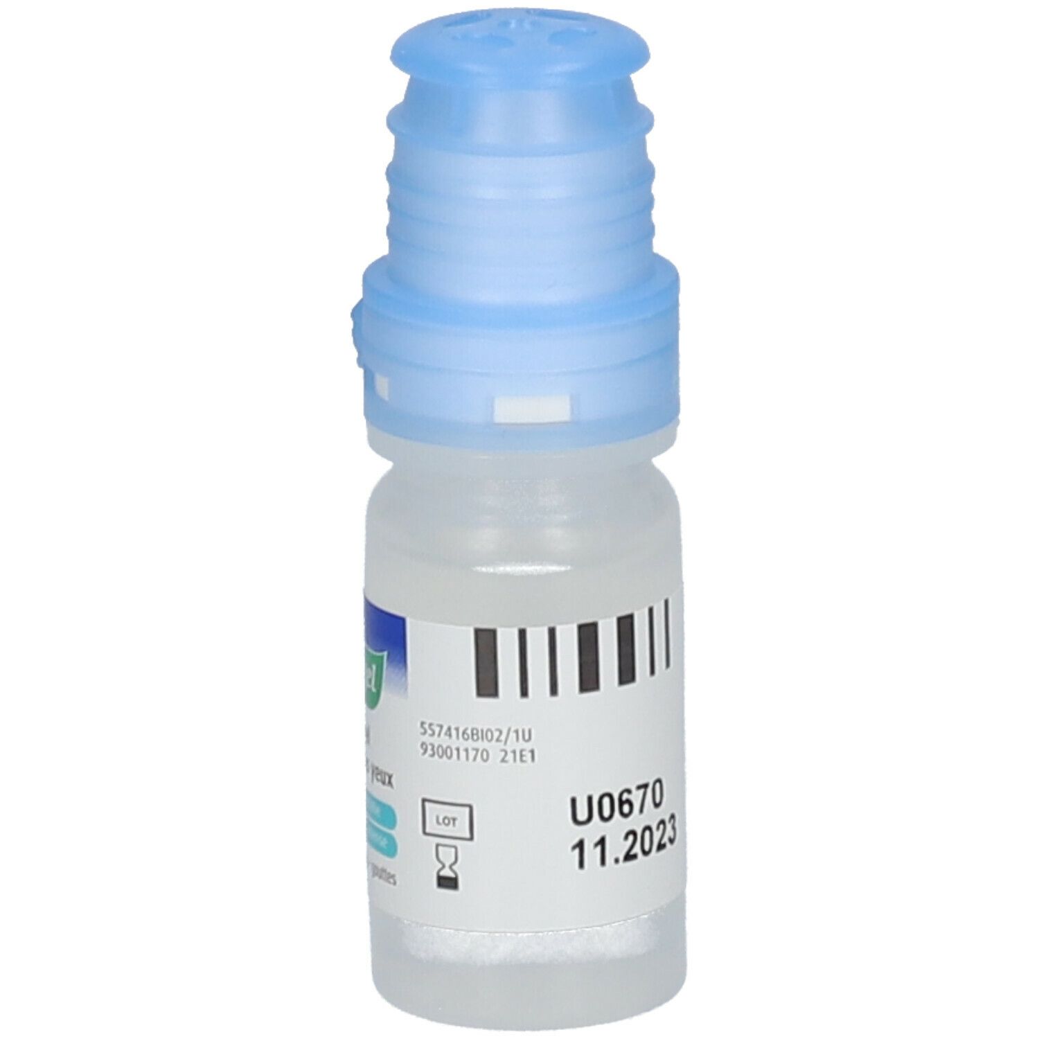 Kleine, transparante fles met blauwe dop. Etiket met barcode en vervaldatum.