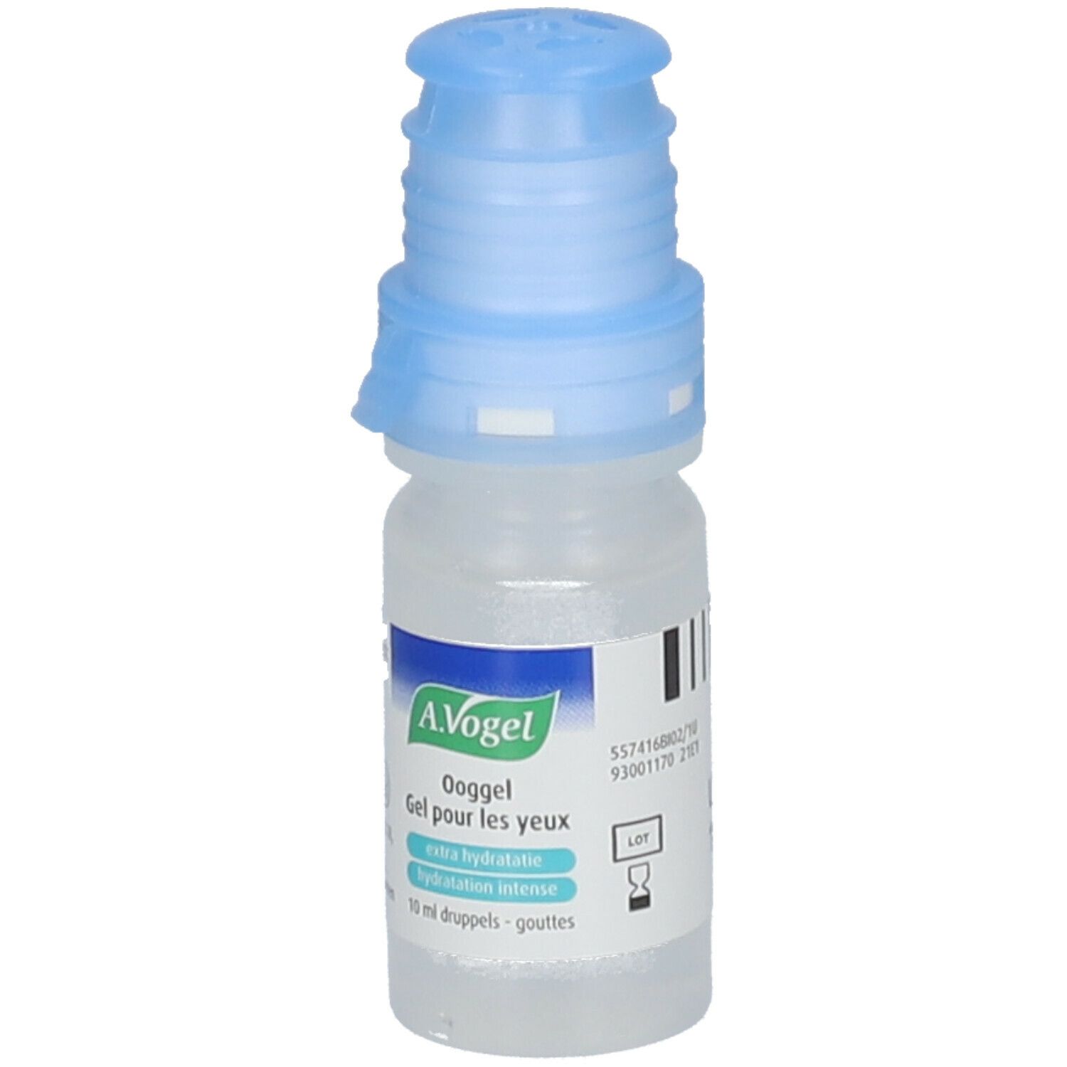 Kleine, transparante fles met blauwe dop. Opschrift: A. Vogel Ooggel Gel pour les yeux.