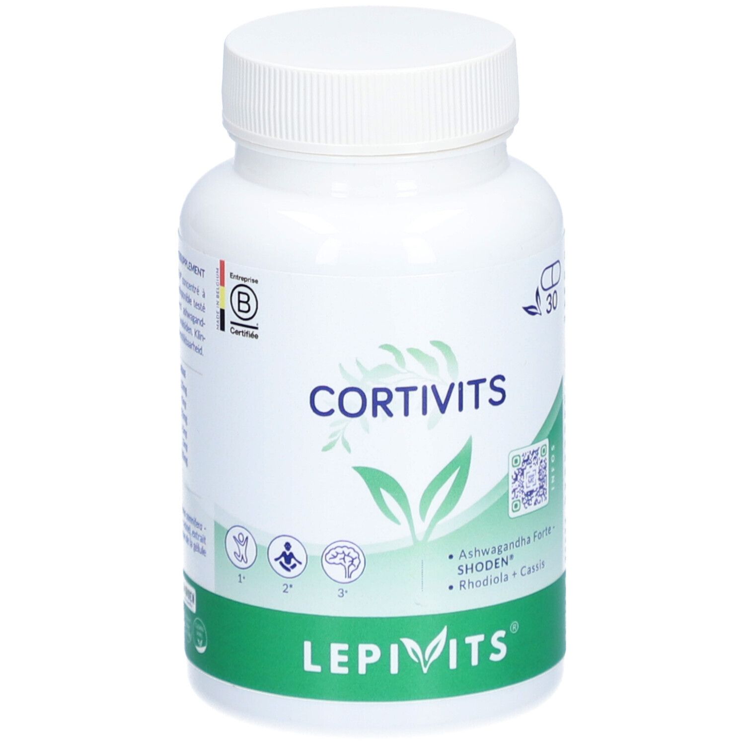 Witte fles met capsules. Opschrift: Cortivits, Lepivits. Groen-witte etiketten. Met 30 capsules.