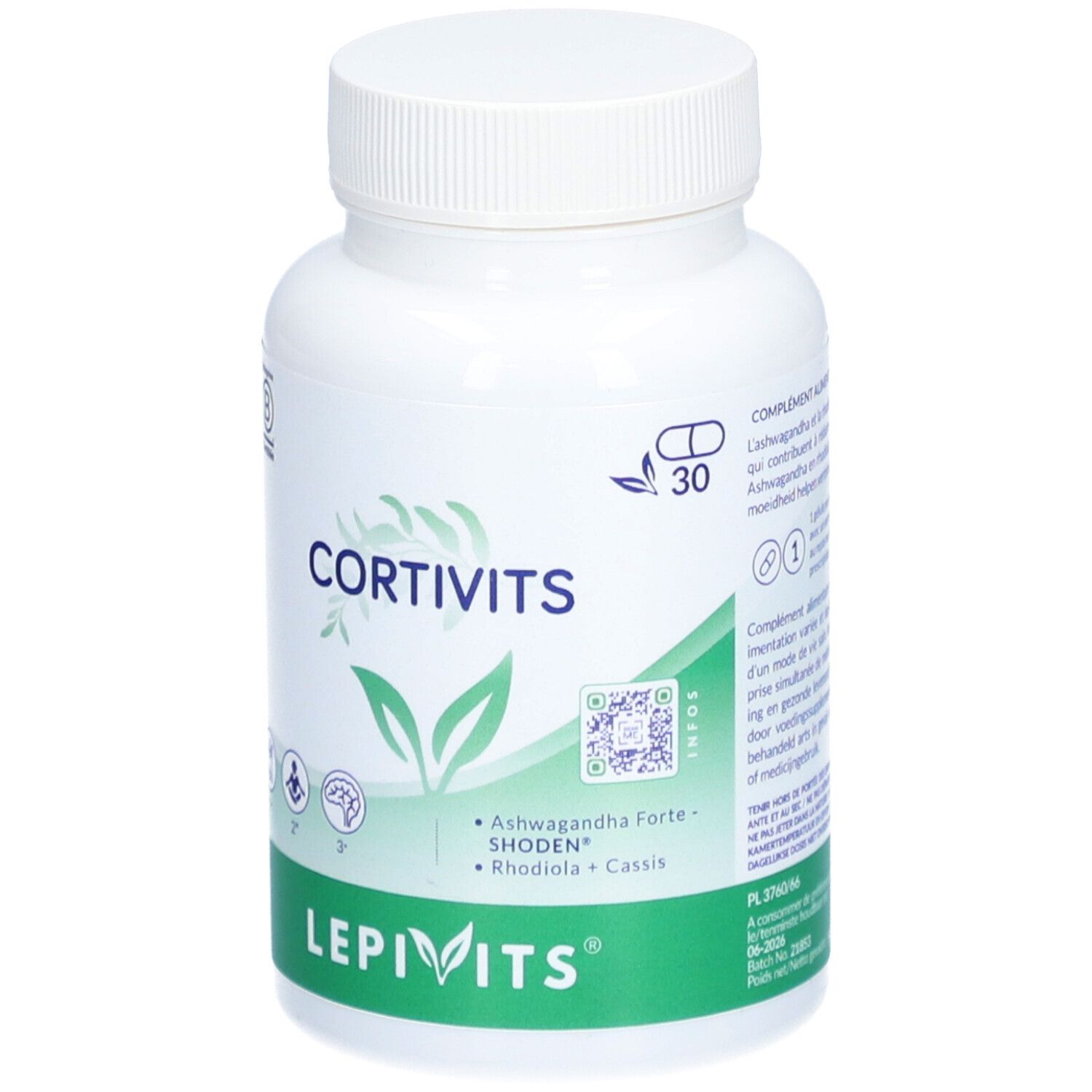 Witte fles met capsules. Opschrift: Cortivits, Lepivits. Groen-witte etiketten. Met 30 capsules.