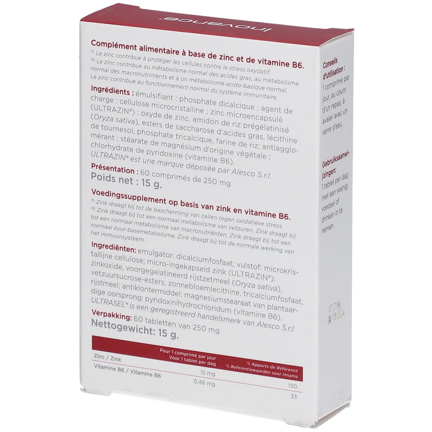 Achterkant van de ZINC tabletten doos. Ingrediënten, voedingswaarde, fabrikant info. Inovance.