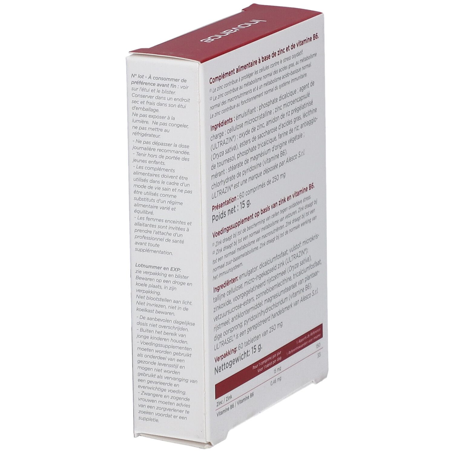 ZINC tabletten doosje van Inovance. Ingrediënten, voedingswaarde. Tekst: ZINC, 60 tabletten.