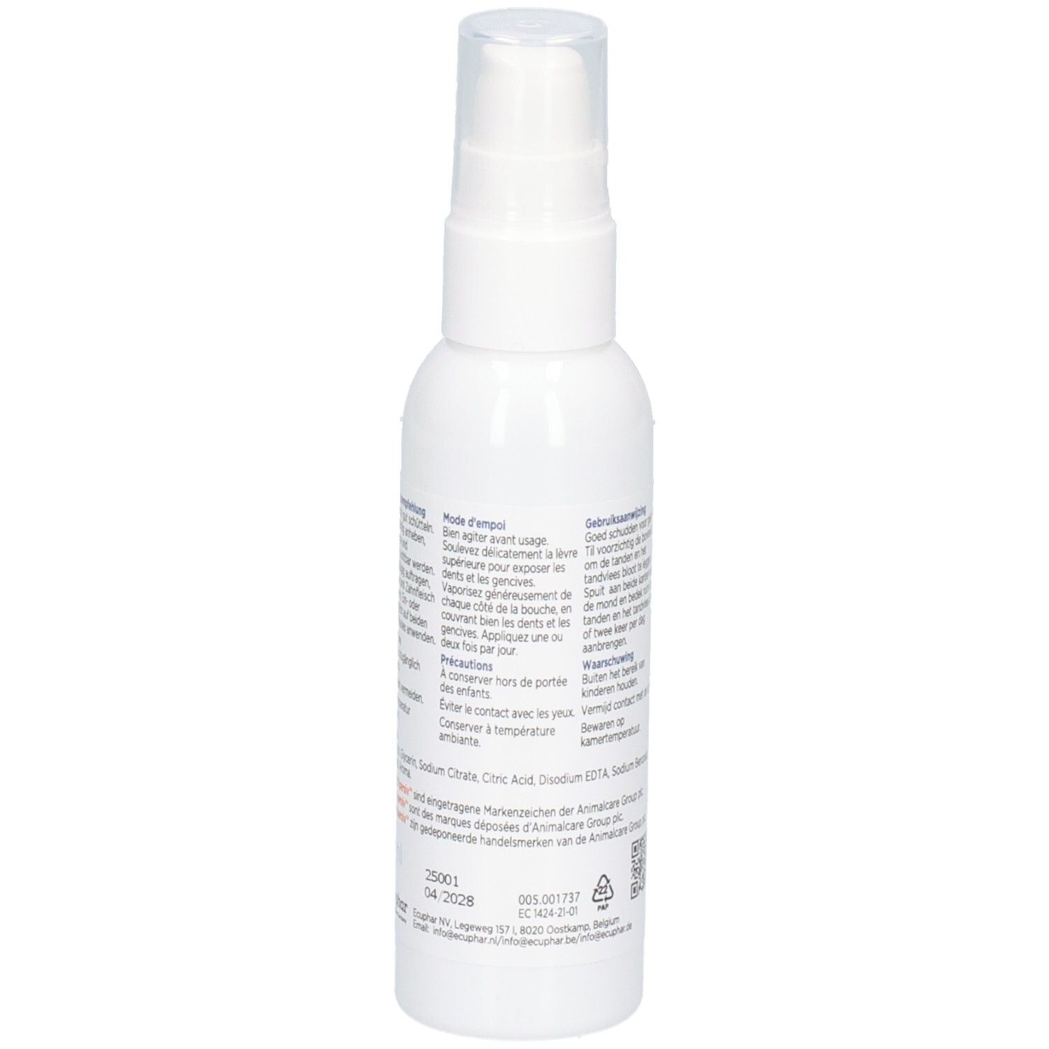 Weiße Sprühflasche mit transparentem Deckel. Text in Deutsch, Niederländisch und Französisch. Etiketten mit Inhaltsstoffen.