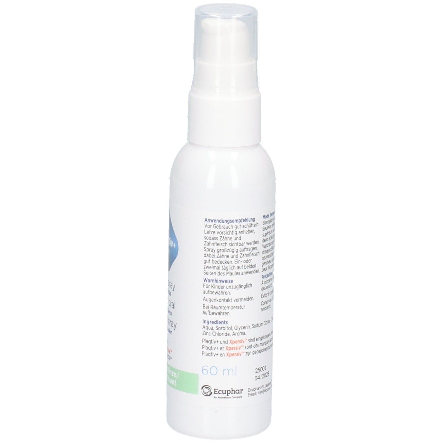 Weiße Sprühflasche mit transparentem Deckel. Text in Deutsch, Niederländisch und Französisch. Etikett mit Inhaltsstoffen und Volumen.
