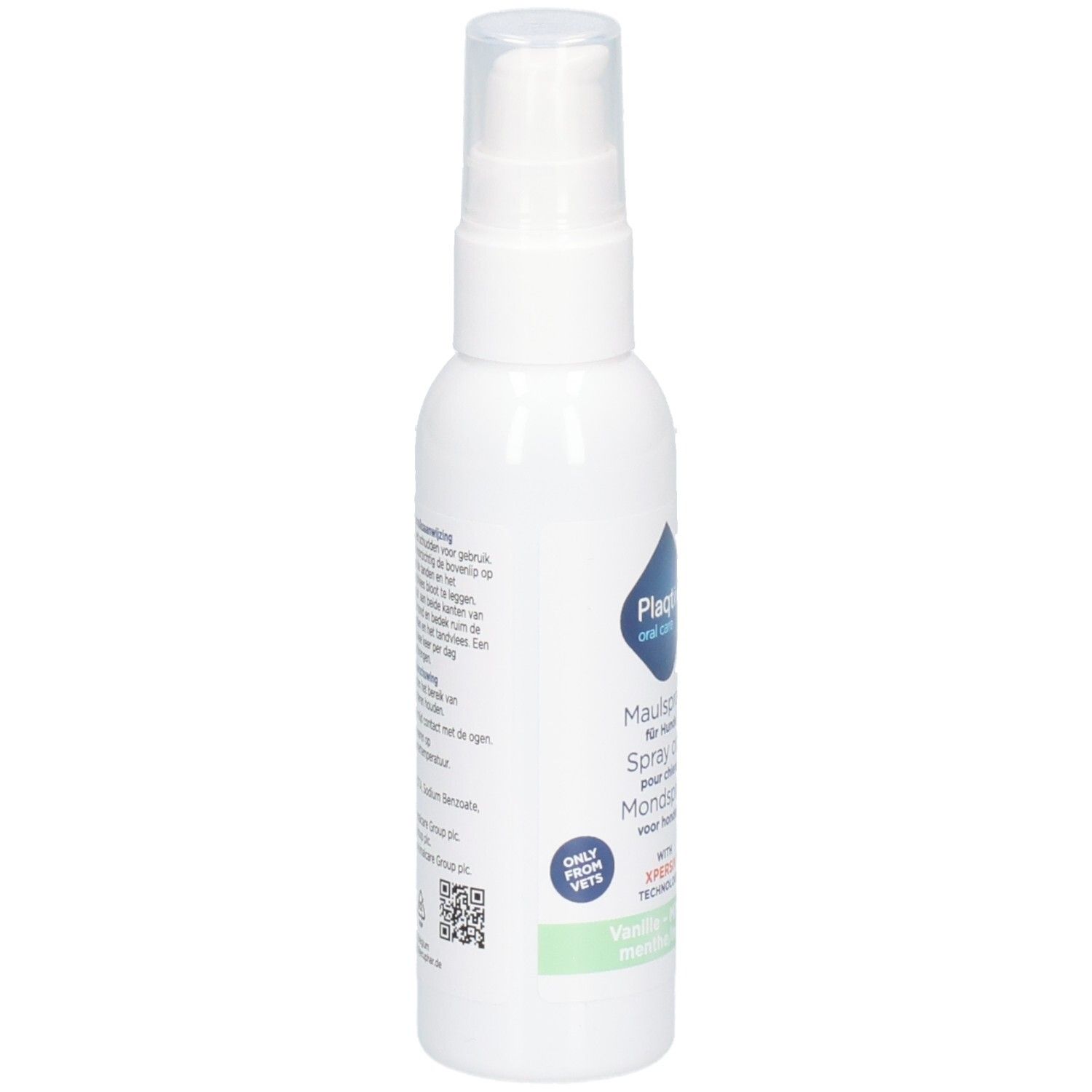 Weiße Sprühflasche mit transparentem Deckel. Produktname und Text in Deutsch, Französisch und Niederländisch. Grün-weißes Etikett.