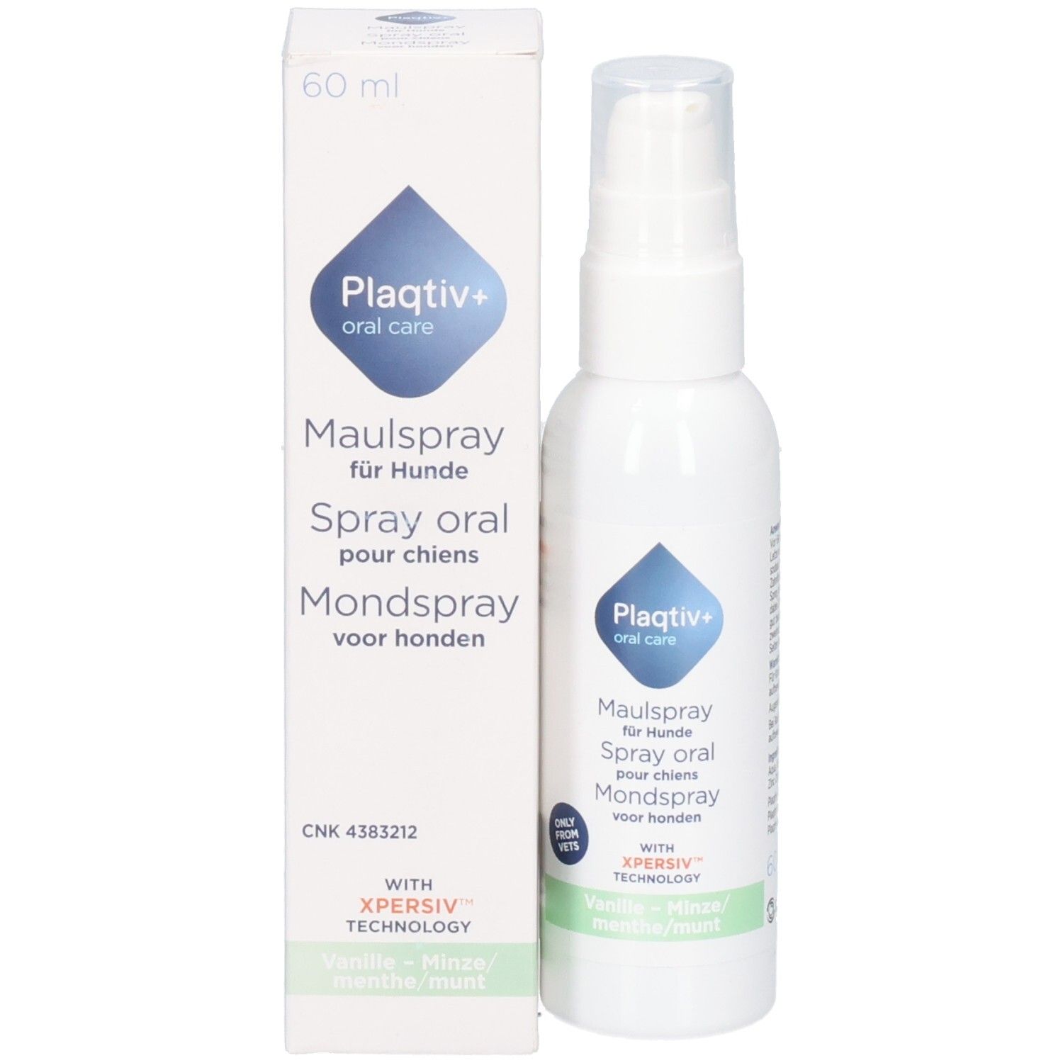 Produkt und Verpackung. Weiße Flasche und Karton. Produktname in Deutsch, Französisch und Niederländisch. 60 ml.
