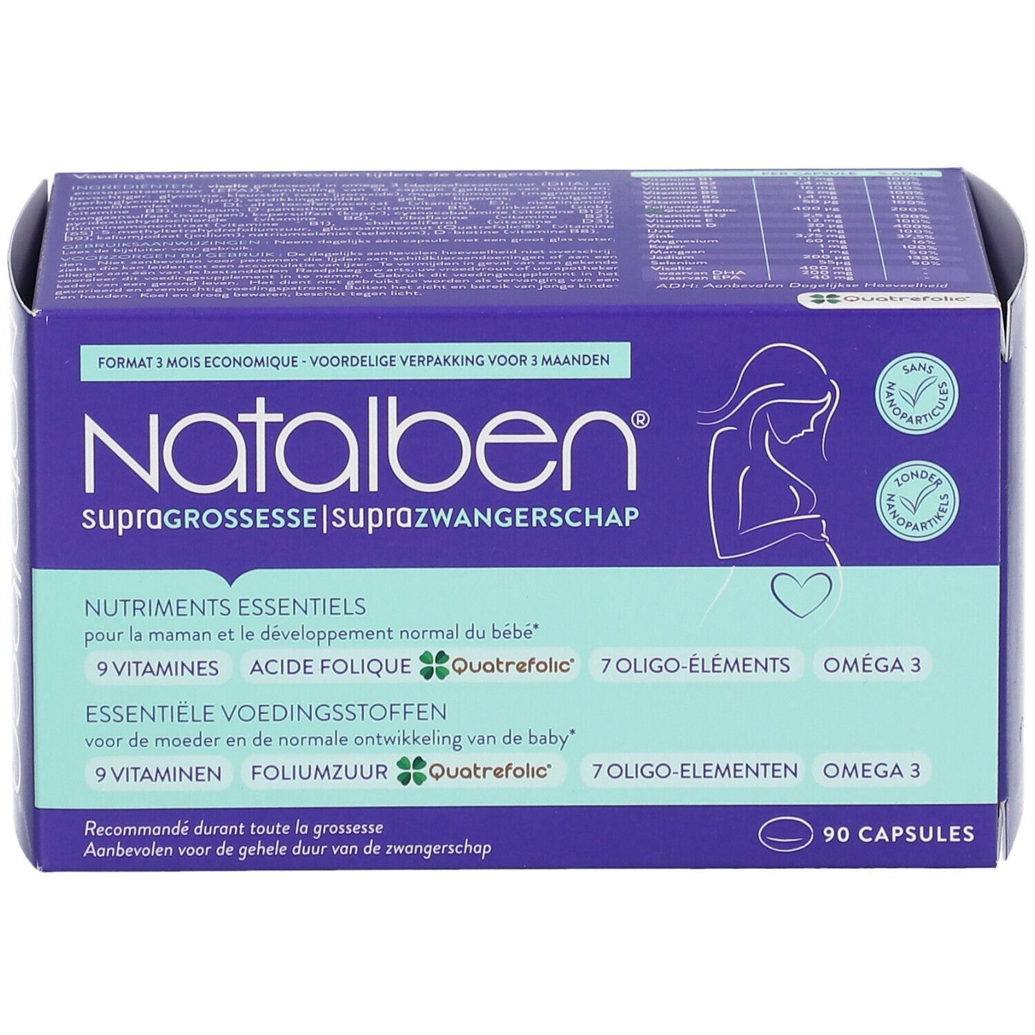 Lila Schachtel mit Produktnamen und Inhaltsstoffen. 90 Kapseln. Schwangerschaftsergänzungsmittel.