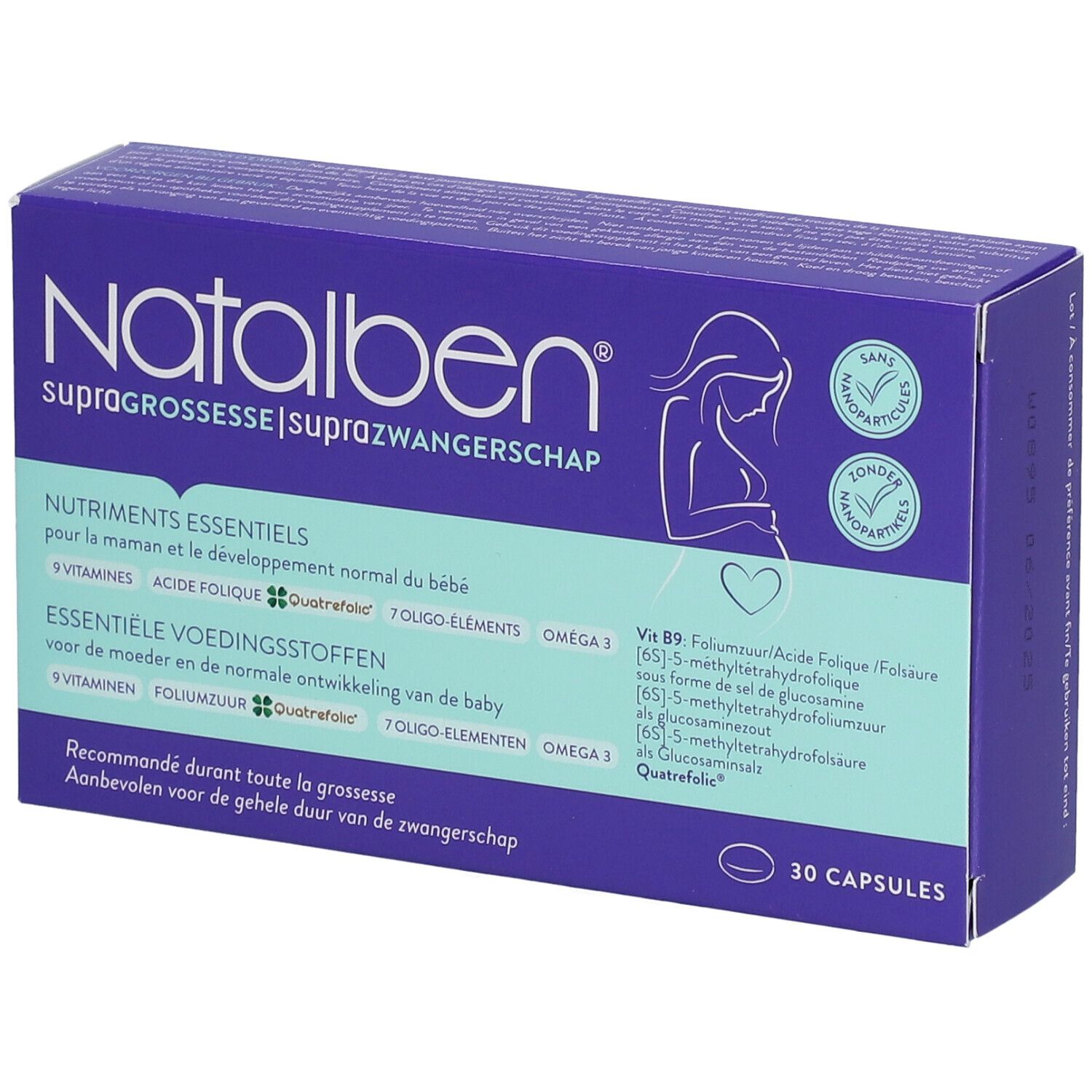 Paarse doos met productinformatie. Opschrift: Natalben, Supragrossesse. Bevat 30 capsules.