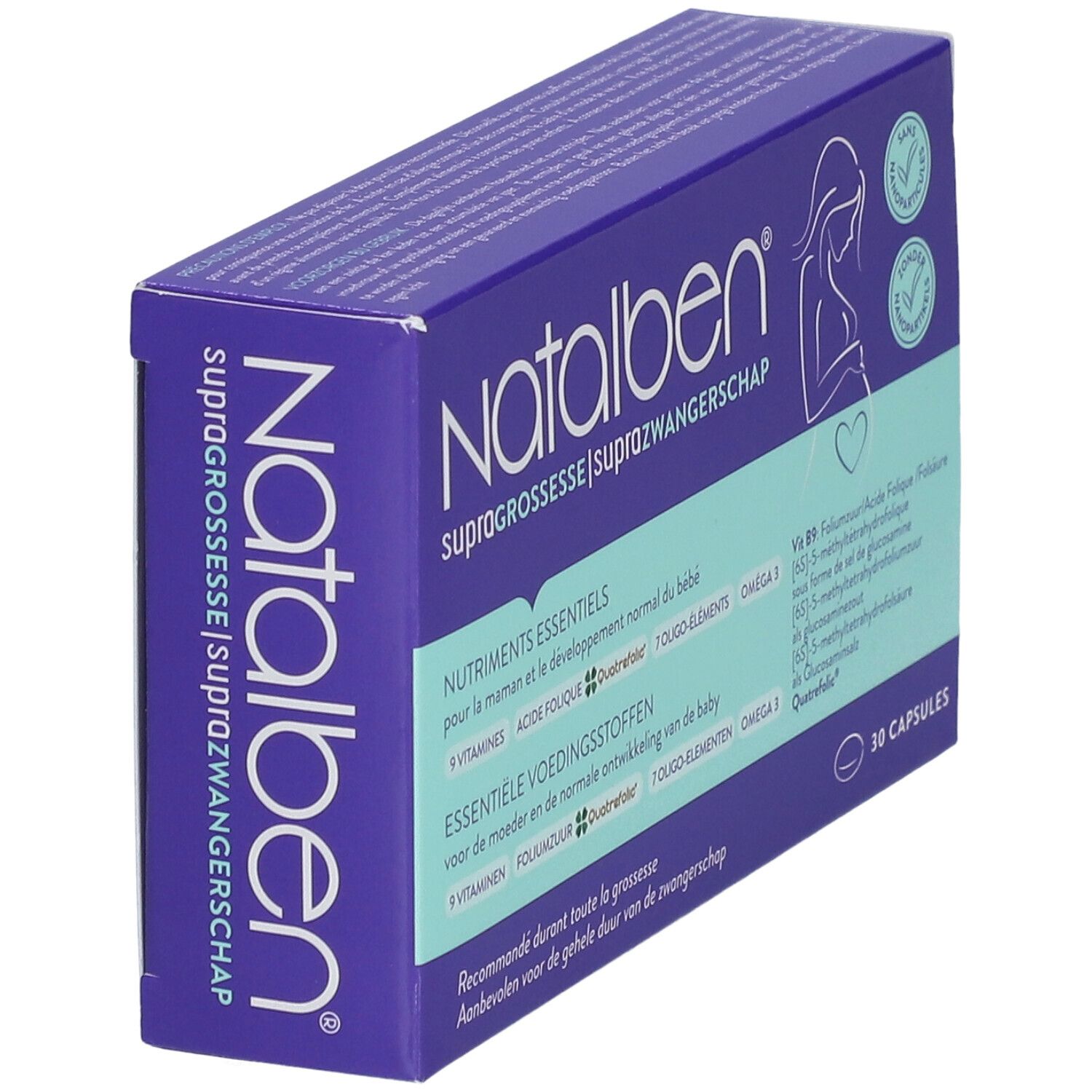 Paarse doos met productinformatie. Opschrift: Natalben, Supragrossesse. Bevat 30 capsules.