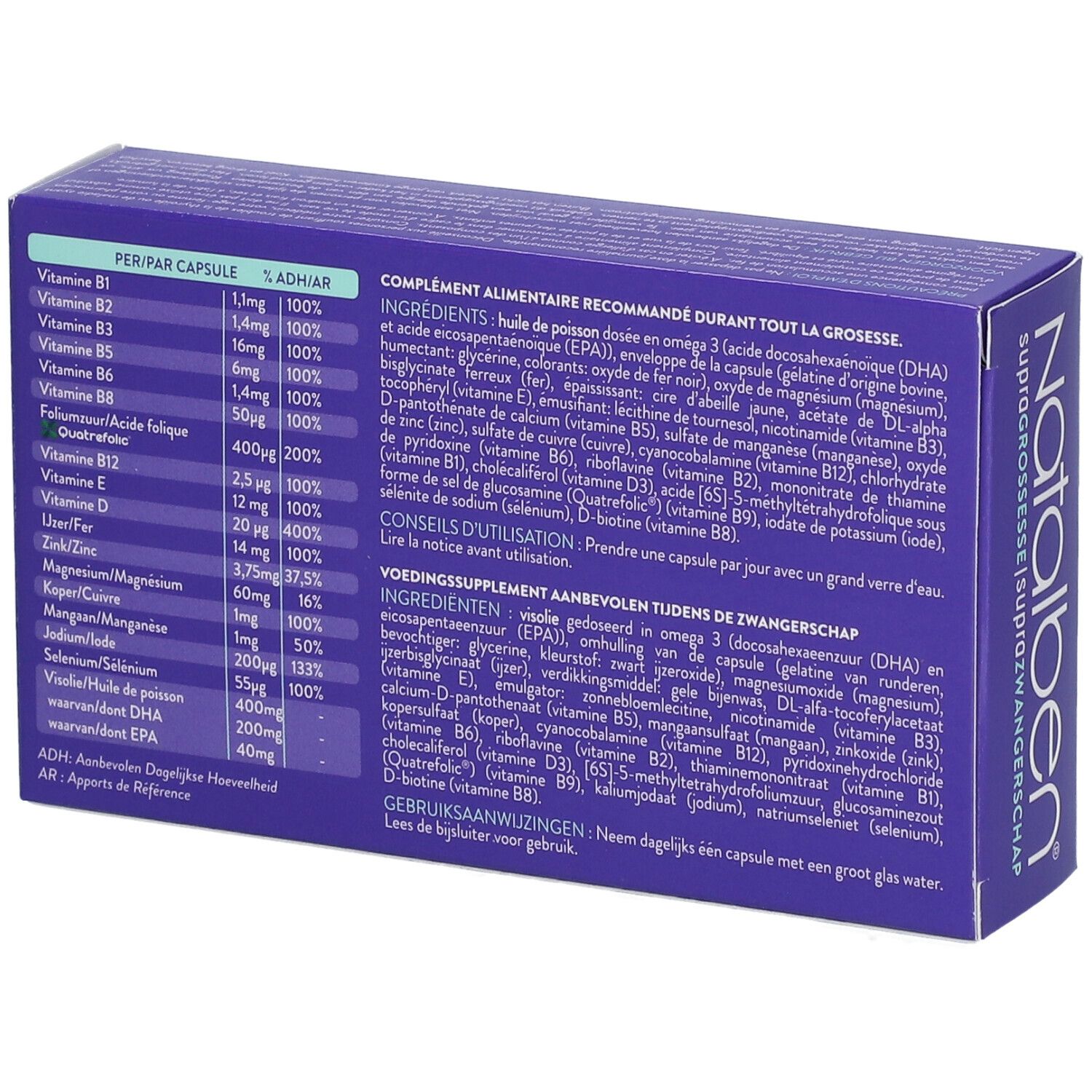 Achterkant van de paarse doos met ingrediënten en dosering. Bevat voedingsinformatie per capsule.