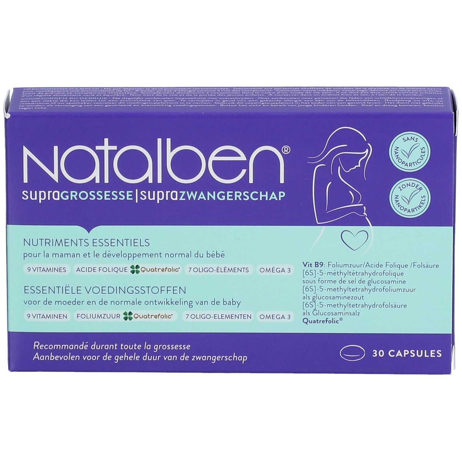 Paarse doos met productinformatie. Opschrift: Natalben, Supragrossesse. Bevat 30 capsules.