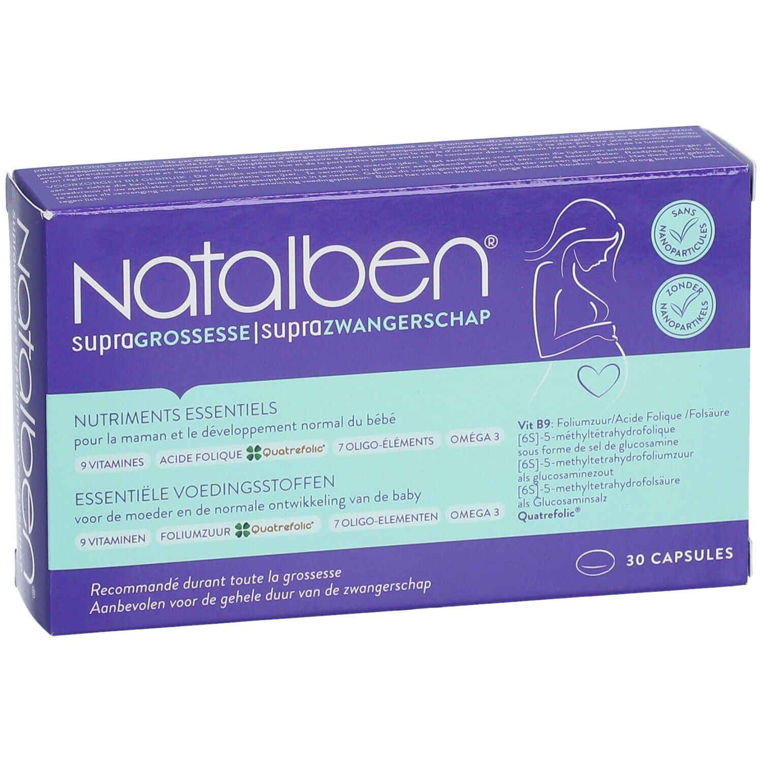 Paarse doos met productinformatie. Opschrift: Natalben, Supragrossesse. Bevat 30 capsules.