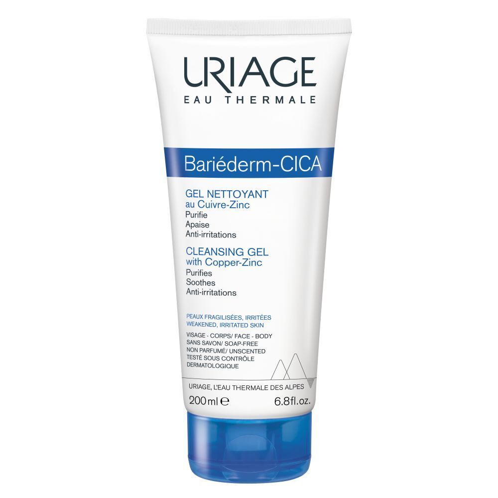 Witte en blauwe tube URIAGE BARIÉDERM-CICA reinigingsgel. Tekst in het Frans en Engels. 200ml.