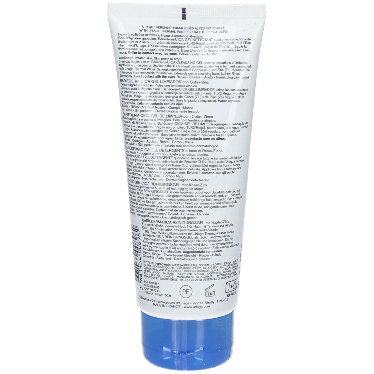 Achterkant van de witte en blauwe tube URIAGE BARIÉDERM-CICA reinigingsgel. Tekst in meerdere talen.
