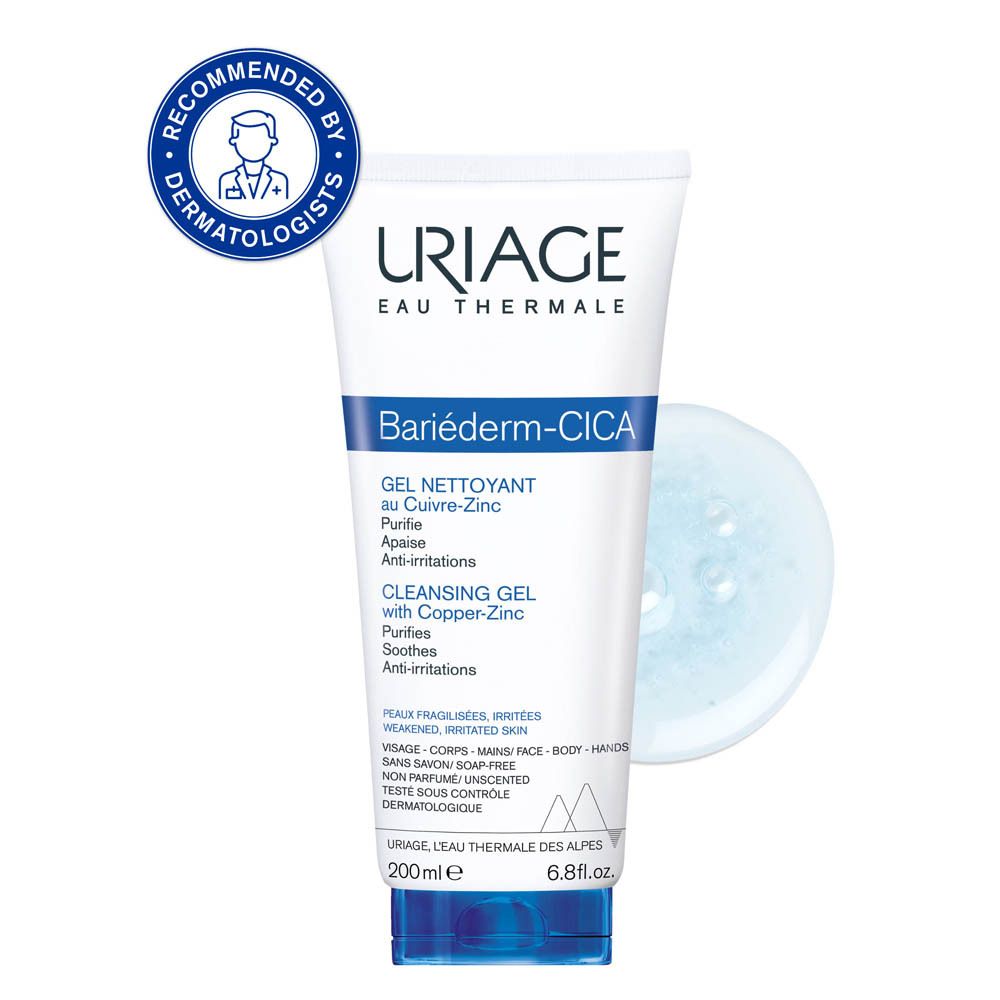 Tube URIAGE BARIÉDERM-CICA reinigingsgel. Aanbevolen door dermatologen. Gel druppel ernaast.