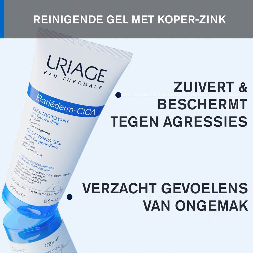 Tube URIAGE BARIÉDERM-CICA reinigingsgel. Tekst: Reinigt en beschermt, verzacht ongemakken.