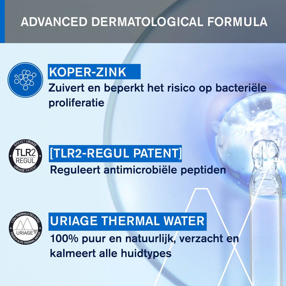 Grafiek met ingrediënten: Koper-Zink, TLR2-Regul, Uriage Thermaal Water. Tekst in het Frans.