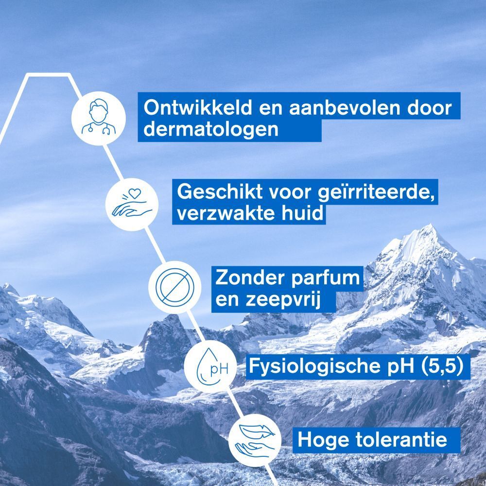 Grafiek met voordelen: Ontwikkeld door dermatologen, geïrriteerde huid, zonder parfum, pH 5,5, hoge tolerantie.