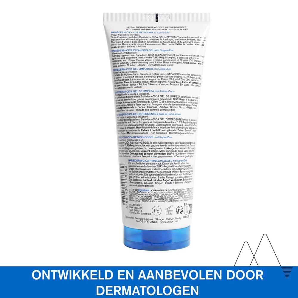 Achterkant van de tube URIAGE BARIÉDERM-CICA reinigingsgel. Meertalige tekst. Ontwikkeld door dermatologen.