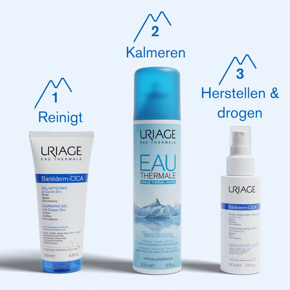 Drie producten: URIAGE BARIÉDERM-CICA reinigingsgel, thermaal water, BARIÉDERM-CICA crème. Tekst: Reinigen, kalmeren, herstellen.