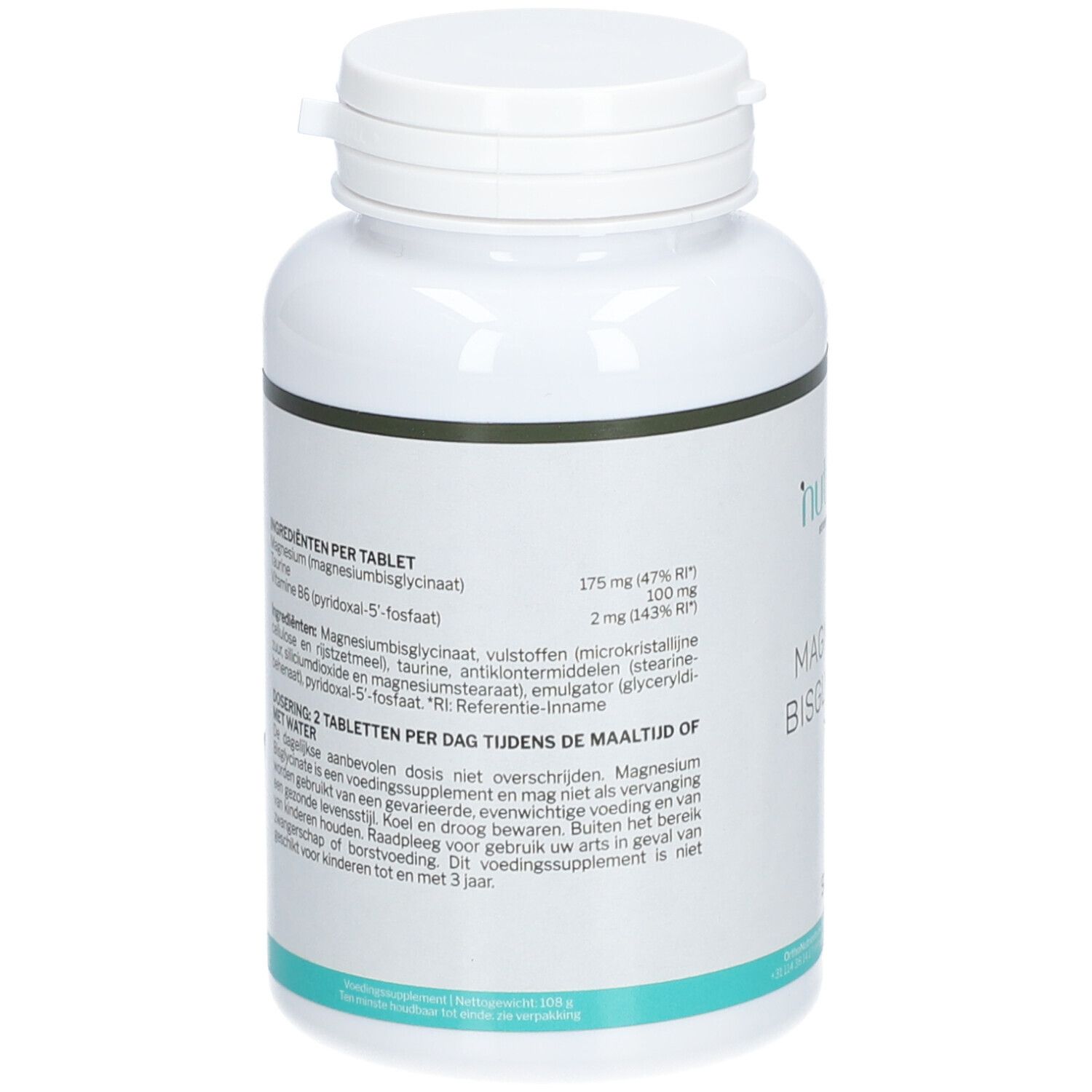 Rückseite der weißen Flasche "Nutrisan Pro Magnesium BisGlycinate". Zutatenliste.