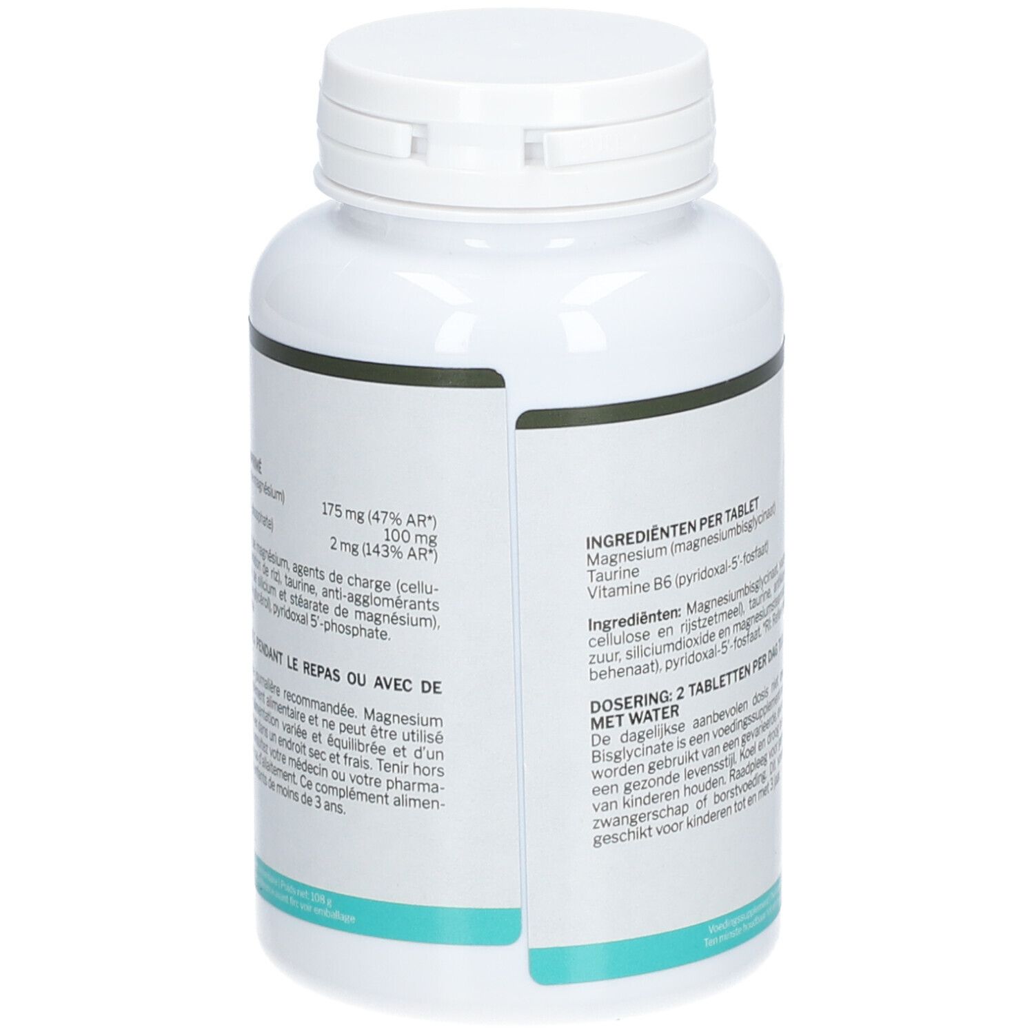 Rückseite der weißen Flasche "Nutrisan Pro Magnesium BisGlycinate". Zutatenliste und Dosierung.