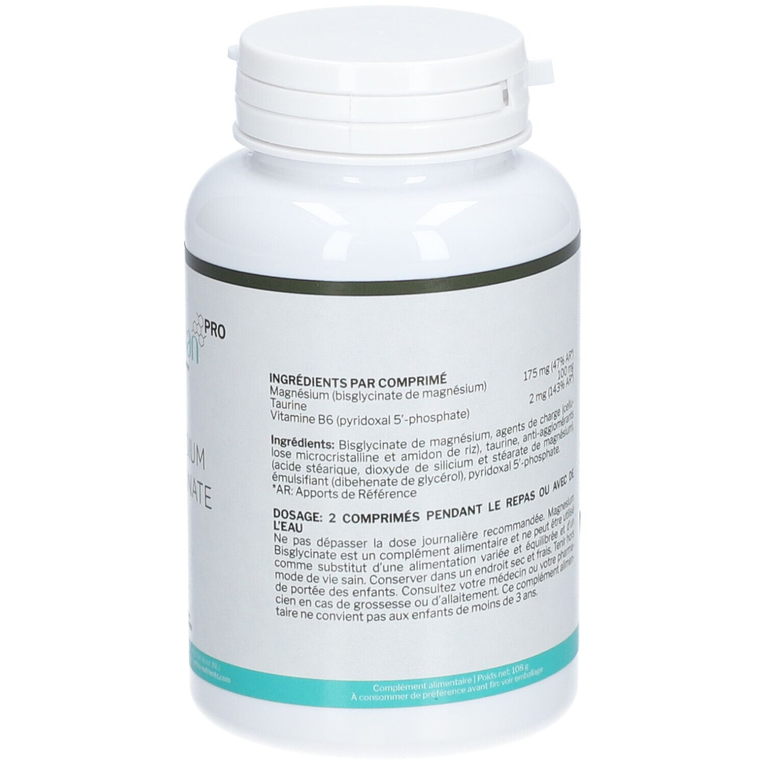 Rückseite der weißen Flasche "Nutrisan Pro Magnesium BisGlycinate". Zutatenliste und Dosierung.