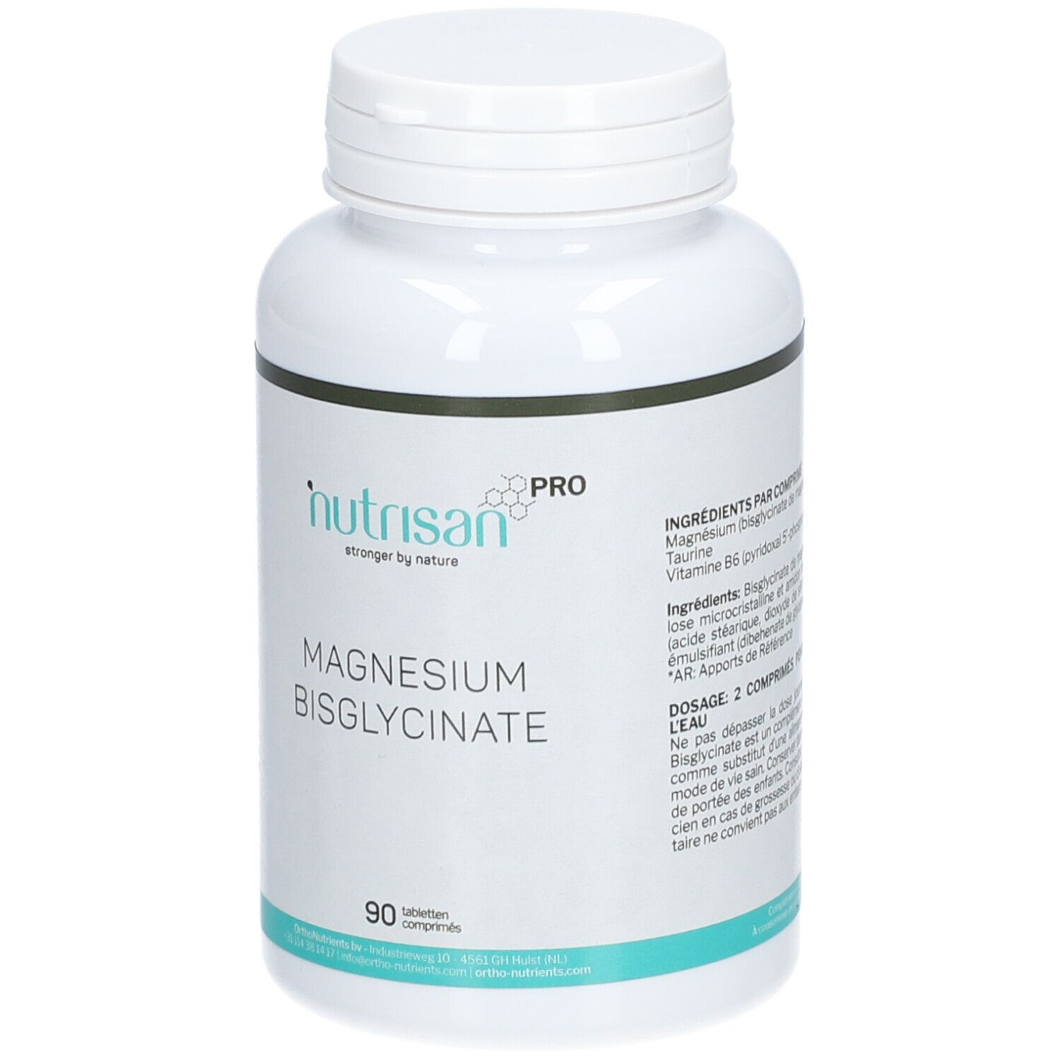 Weiße Flasche "Nutrisan Pro Magnesium BisGlycinate". 90 Tabletten. Etikett mit Zutaten.