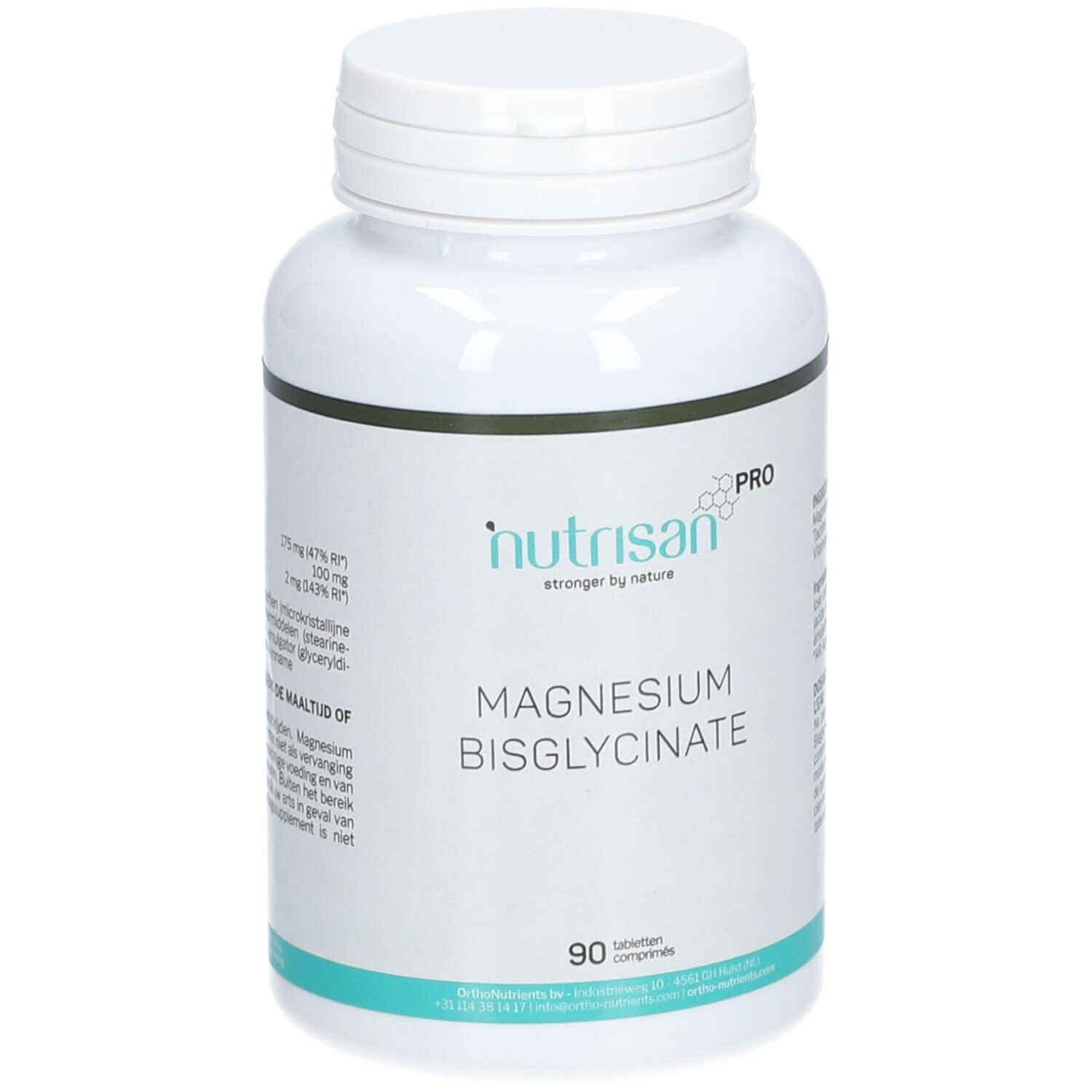 Weiße Flasche "Nutrisan Pro Magnesium BisGlycinate". 90 Tabletten. Etikett mit Zutaten.