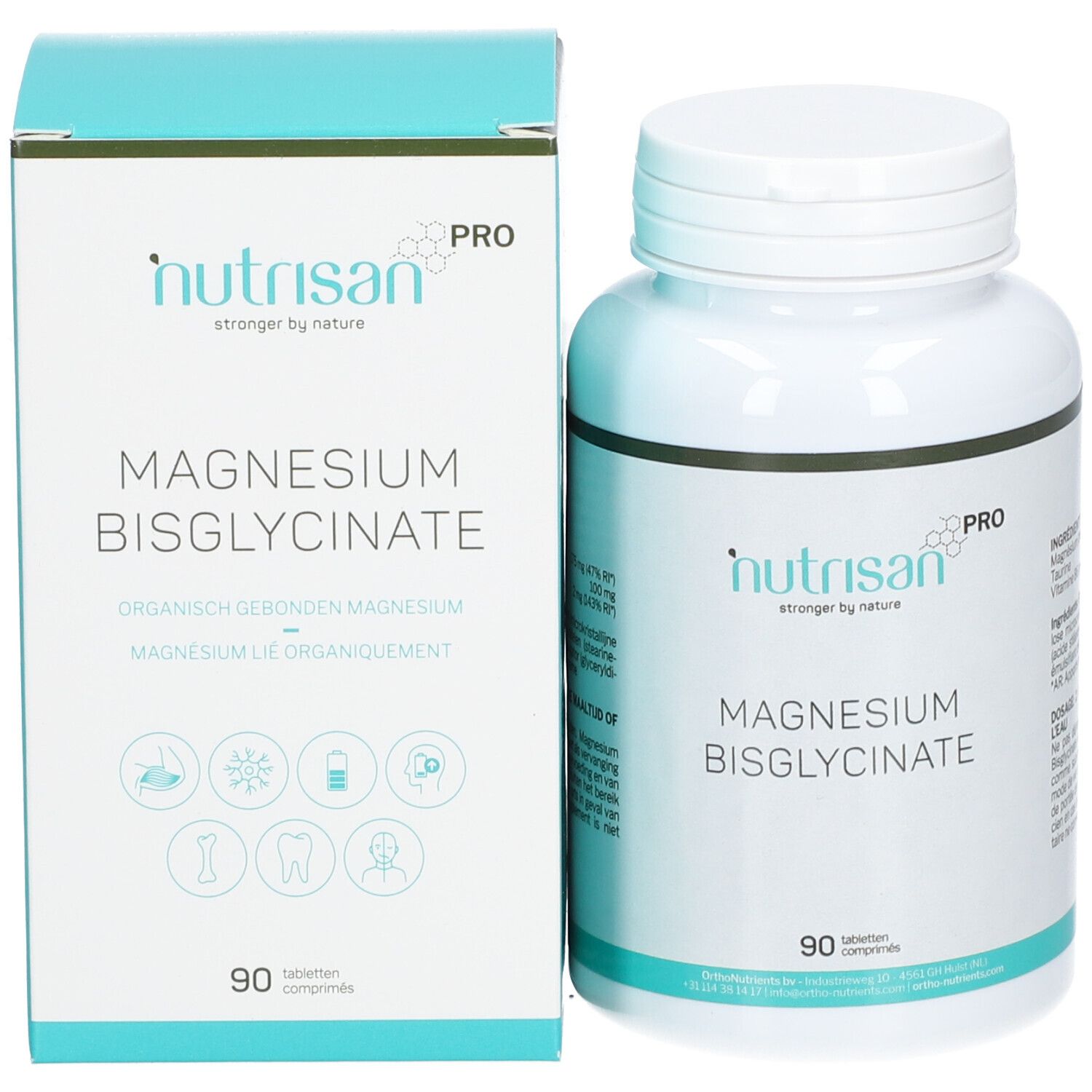 Weiße Flasche und Schachtel "Nutrisan Pro Magnesium BisGlycinate". 90 Tabletten. Verpackung.