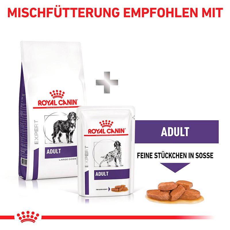 Royal Canin Adult: Trockenfutter und Feuchtfutter für Hunde. Mischfütterung empfohlen.