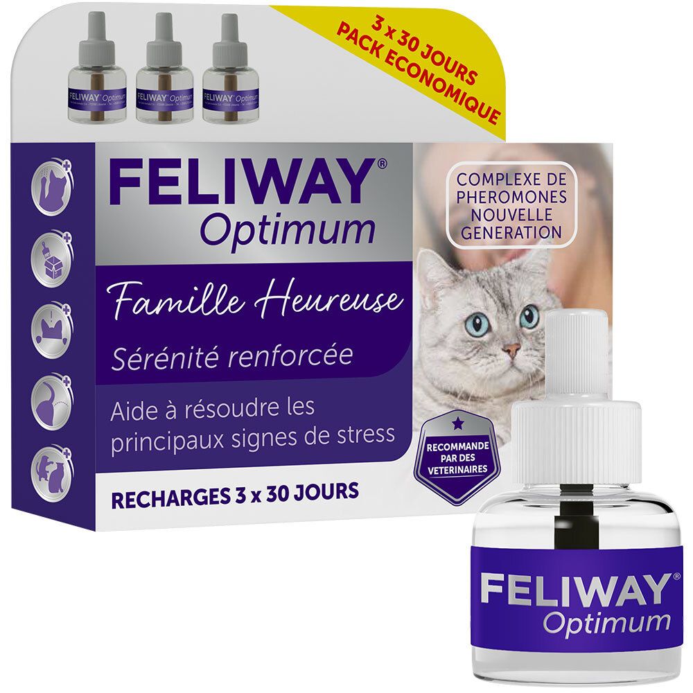 Pack FELIWAY® Optimum Happy Family. 3 recharges et chat. Texte : Famille Heureuse, Sérénité renforcée.