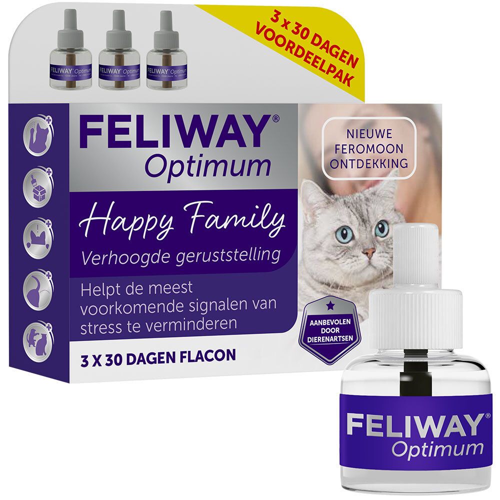 FELIWAY® Optimum Happy Family Pack. 3 navullingen. Tekst: Nieuwe feromoonontdekking.
