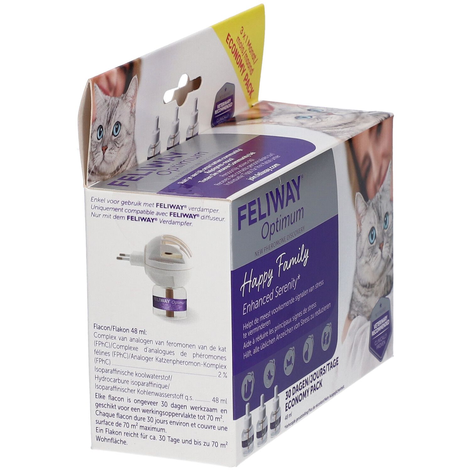 Pack FELIWAY® Optimum Happy Family. Emballage avec diffuseur et flacon. Texte : FELIWAY® Optimum.