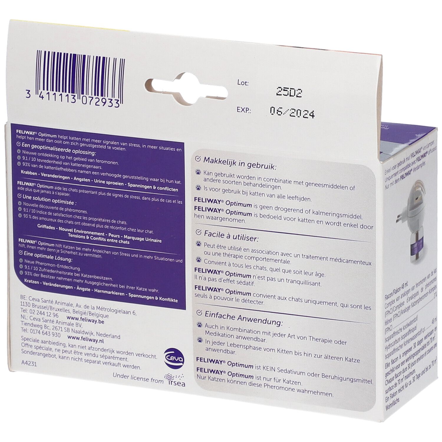 Dos de l'emballage du produit. Texte en français, y compris l'utilisation et les ingrédients. Logo : Ceva.