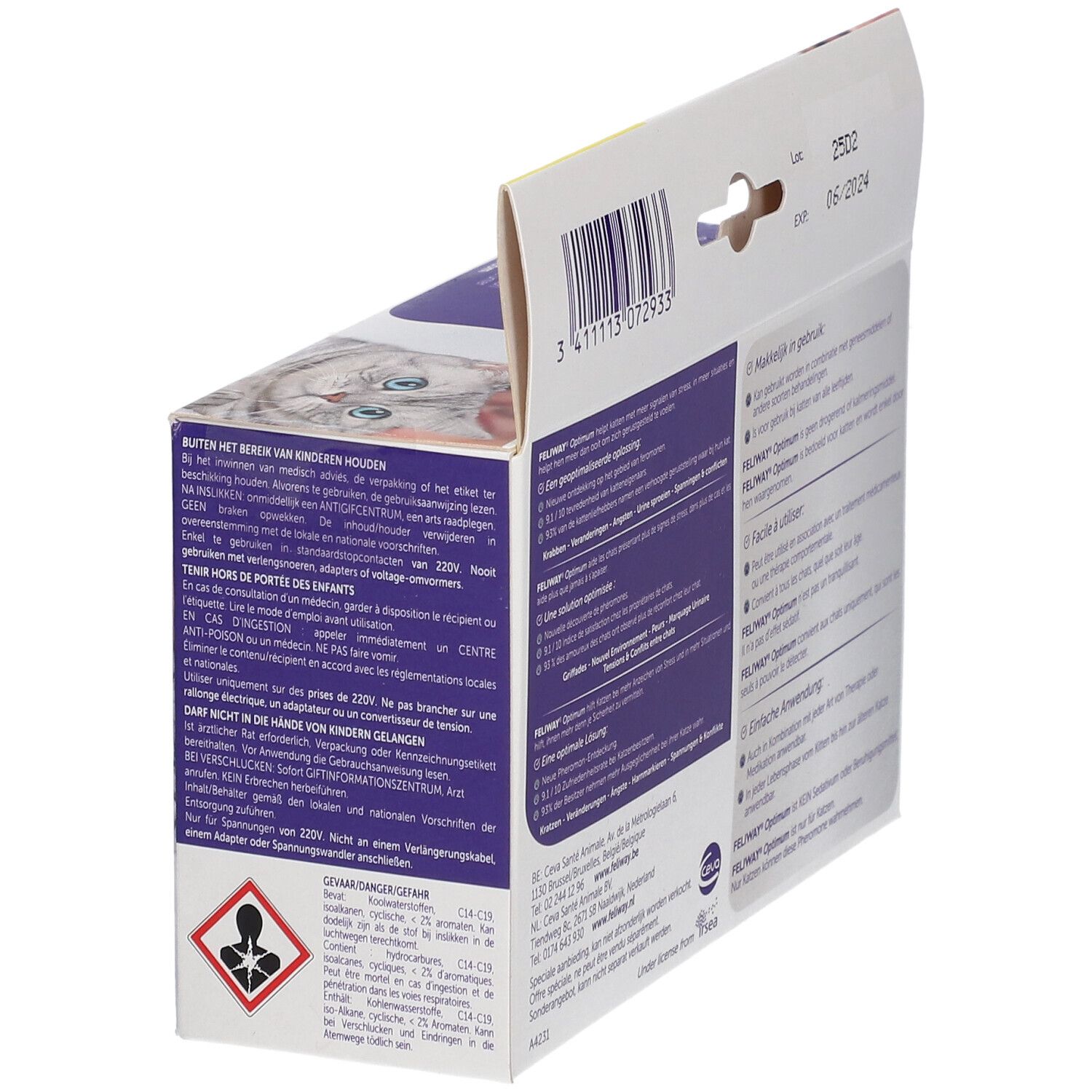 Dos de l'emballage du produit. Avertissements et symboles de danger. Texte en français.