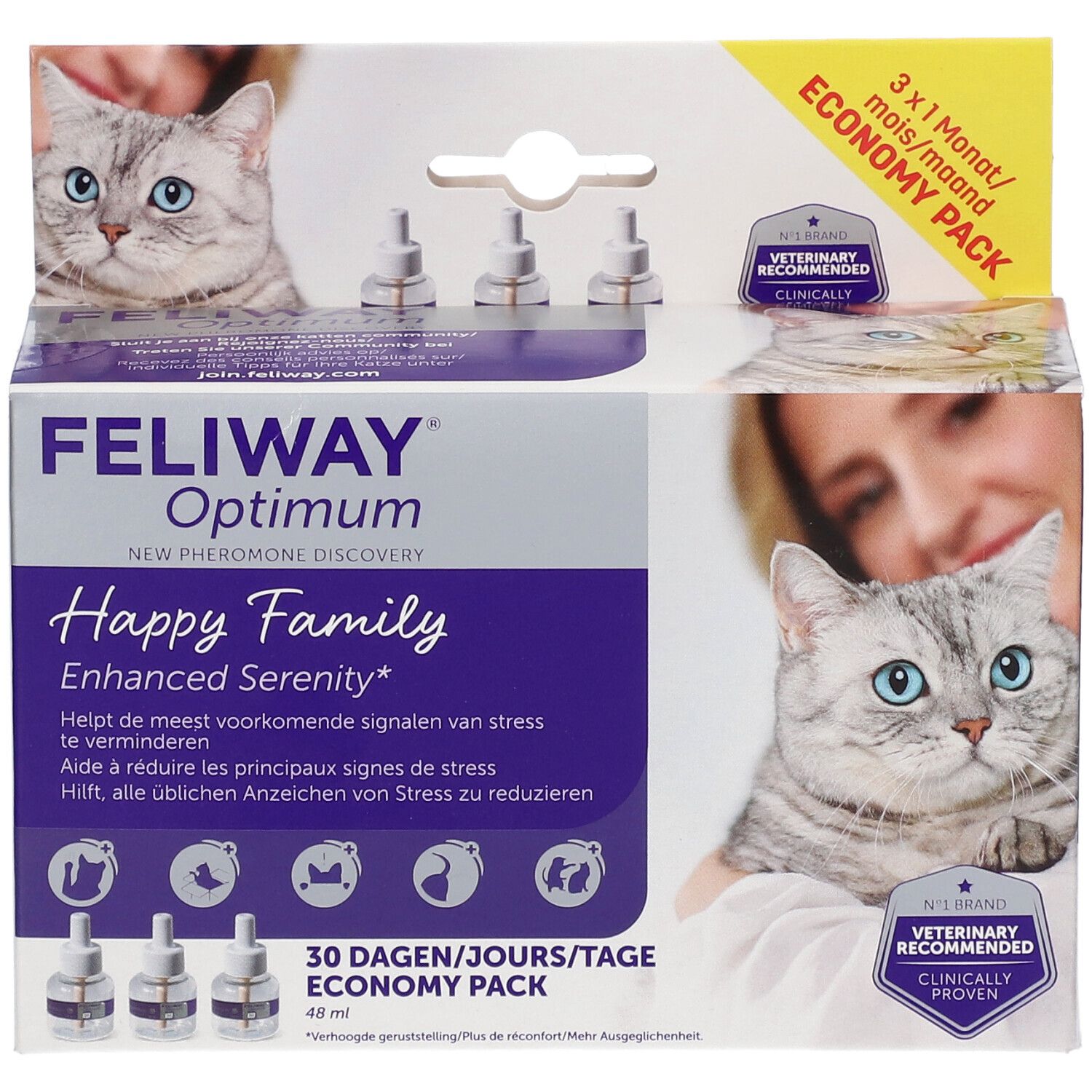 Pack FELIWAY® Optimum Happy Family. Boîte avec 3 recharges et chat. Mention : Veterinary Recommended.