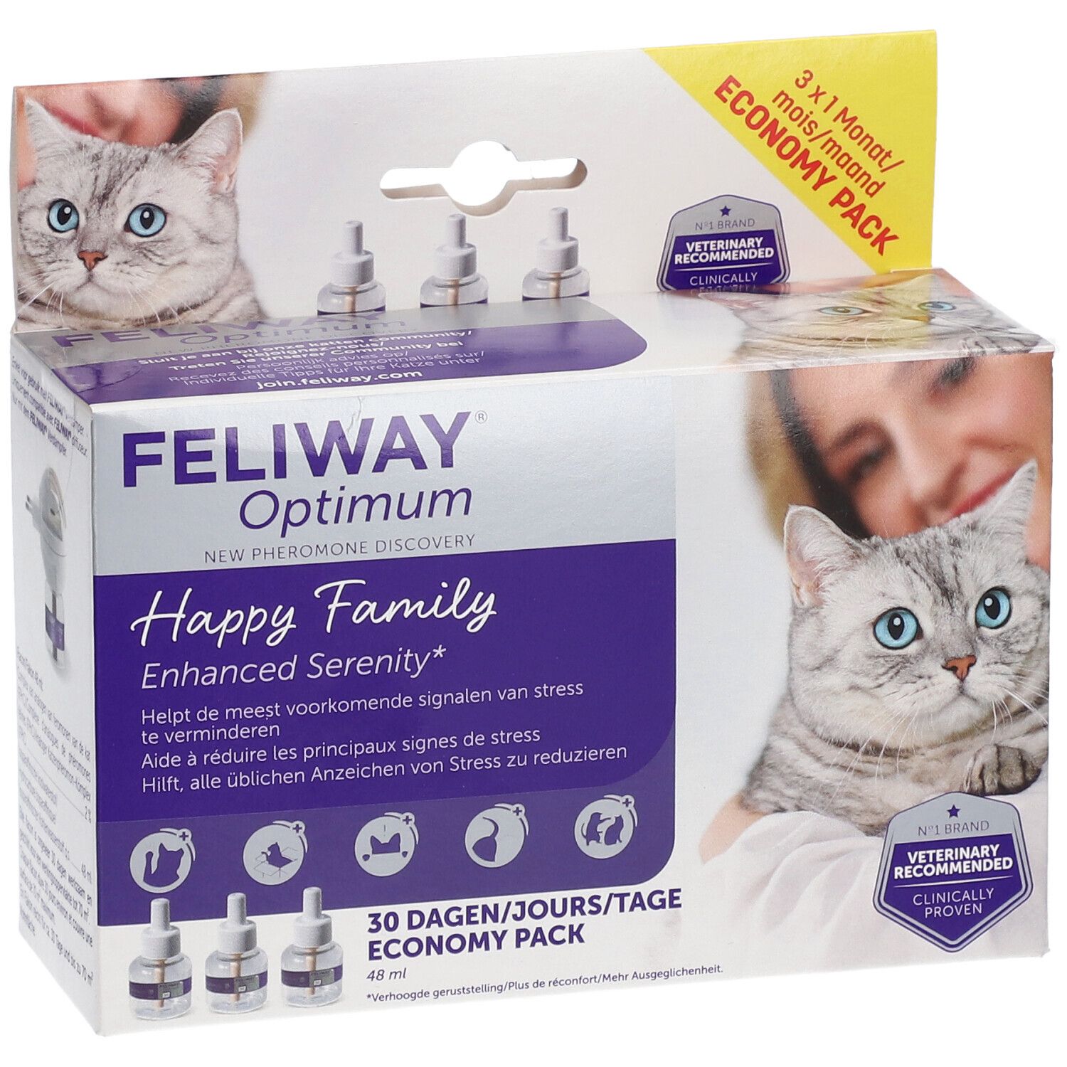 Pack FELIWAY® Optimum Happy Family. Boîte avec 3 recharges et chat. Mention : Veterinary Recommended.