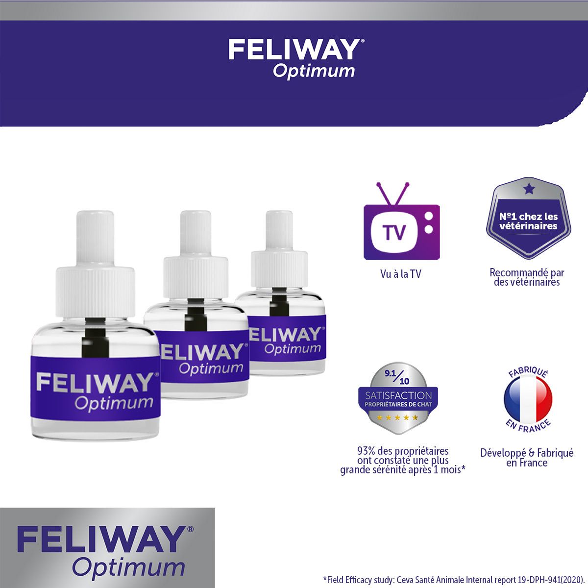 FELIWAY® Optimum. 3 flacons, logo TV, recommandation vétérinaire, Fabriqué en France. Texte : FELIWAY® Optimum.