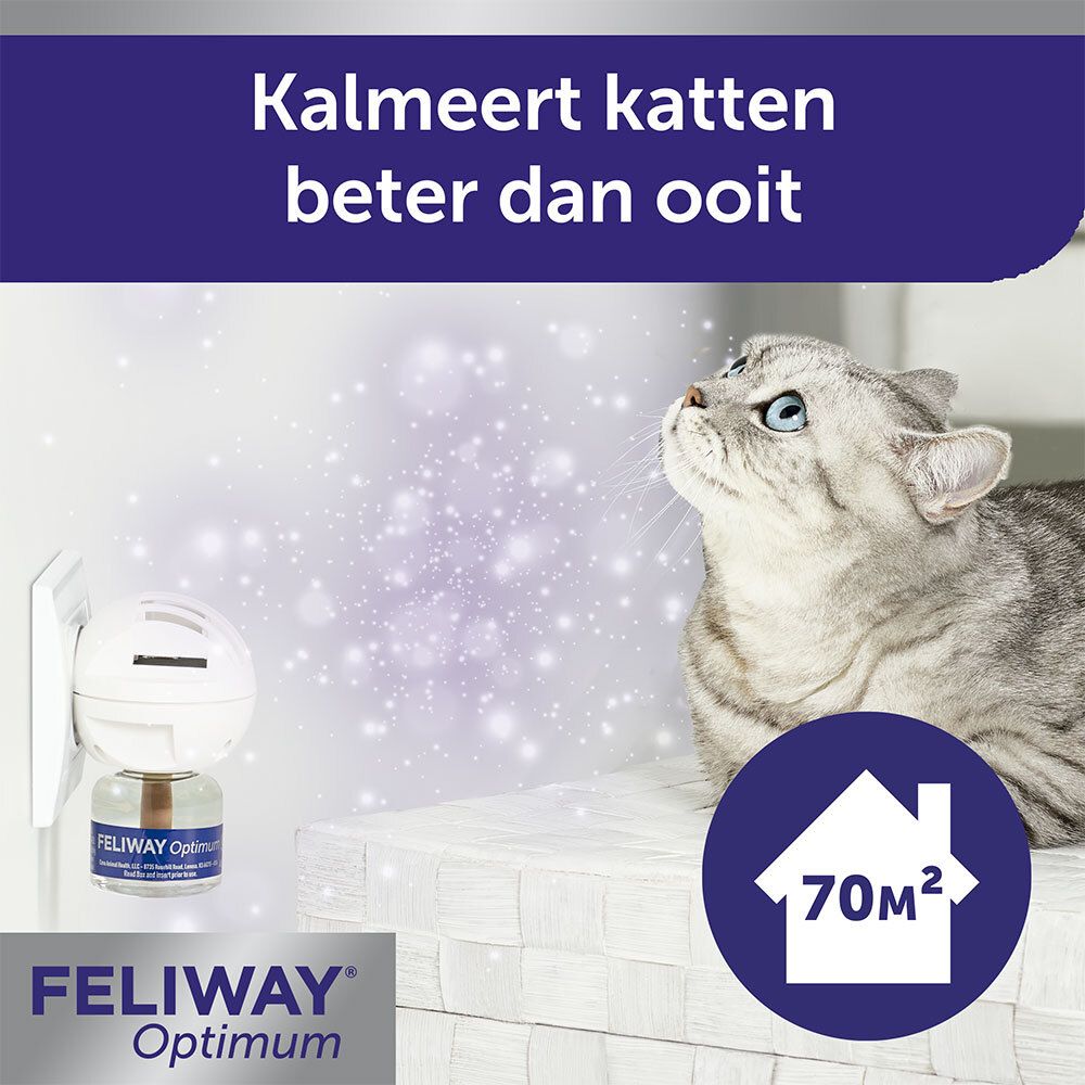 FELIWAY® Optimum. Stekkerdiffuser en flacon. Tekst: Schroef de verdamper. Tekst: 48 ml.