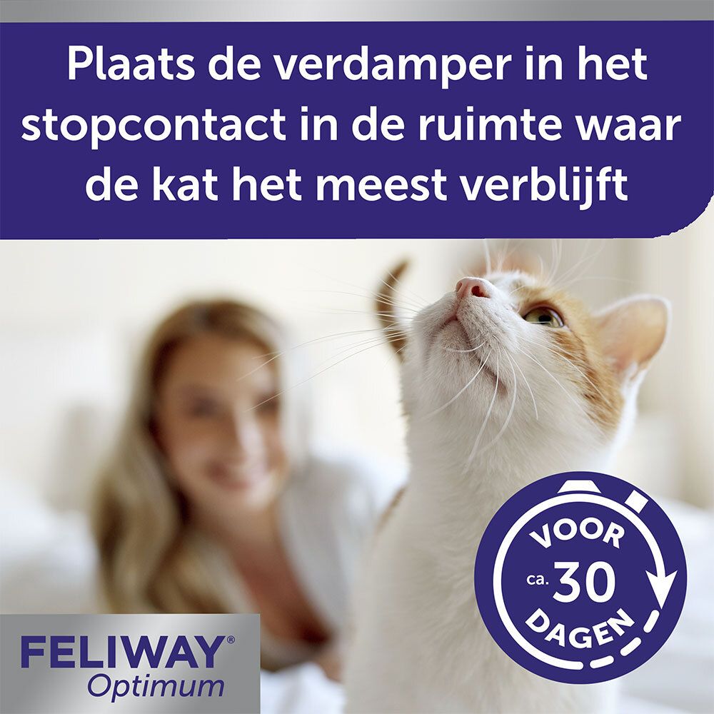 FELIWAY® Optimum. Kat wordt geaaid. Tekst: Klinisch bewezen. Tekst: FELIWAY® Optimum.