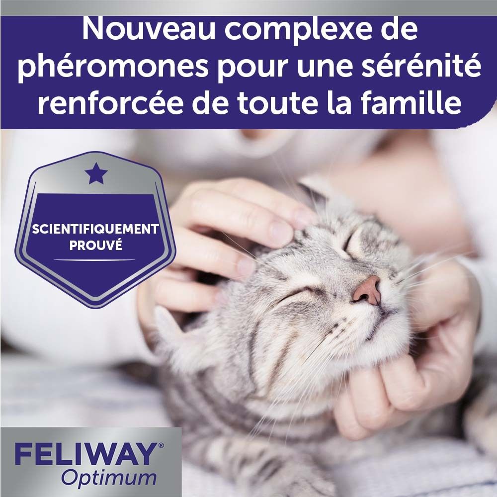 FELIWAY® Optimum. Chat caressé. Texte : Scientifiquement prouvé. Texte : FELIWAY® Optimum.