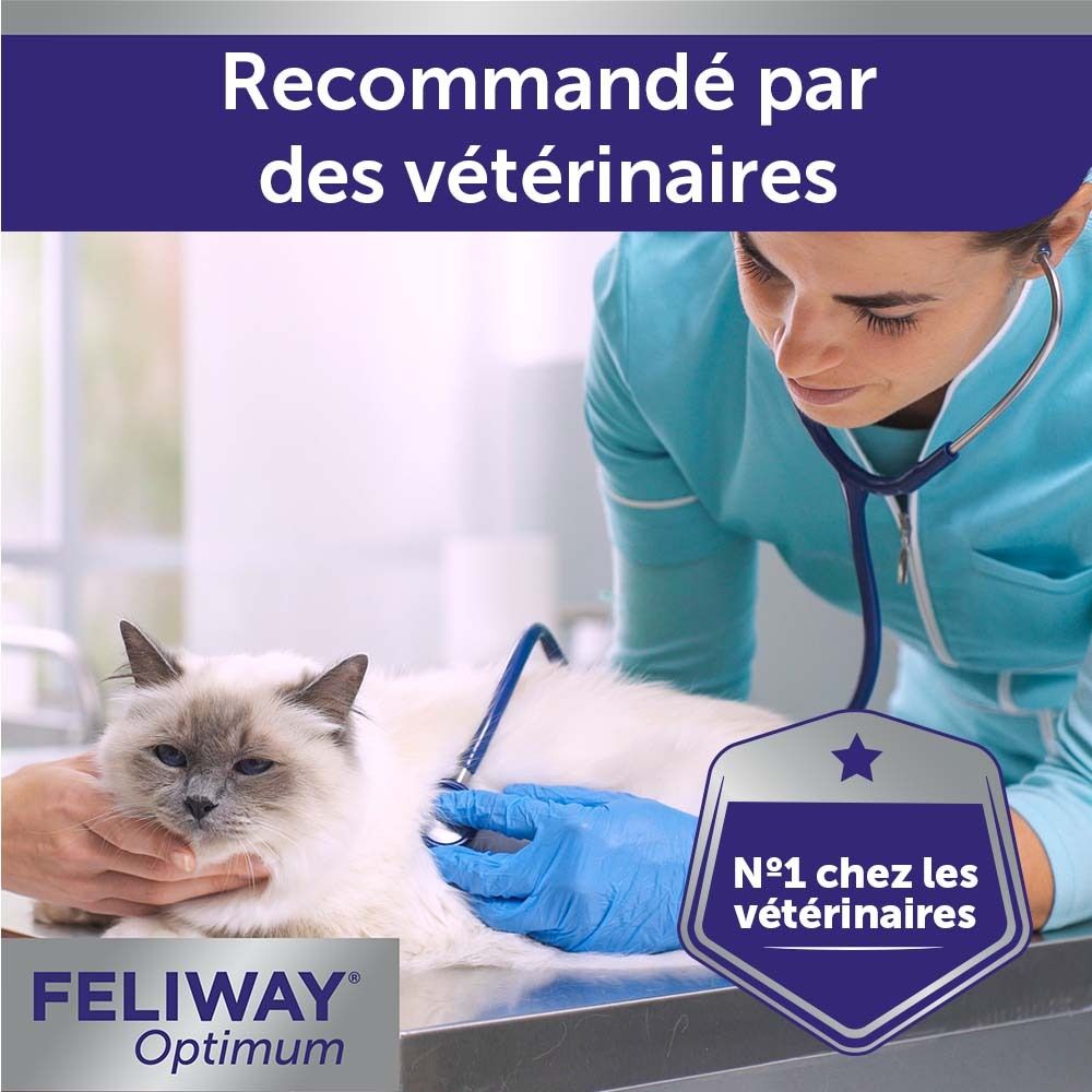FELIWAY® Optimum. Vétérinaire examine un chat. Texte : Recommandé par les vétérinaires. Texte : FELIWAY® Optimum.
