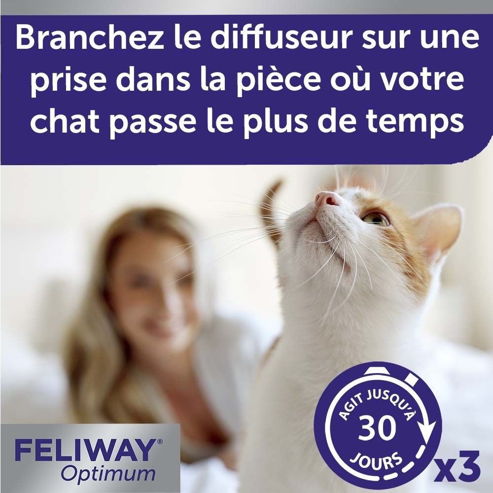 FELIWAY® Optimum. Chat dans une pièce. Texte : 30 jours. Texte : FELIWAY® Optimum.
